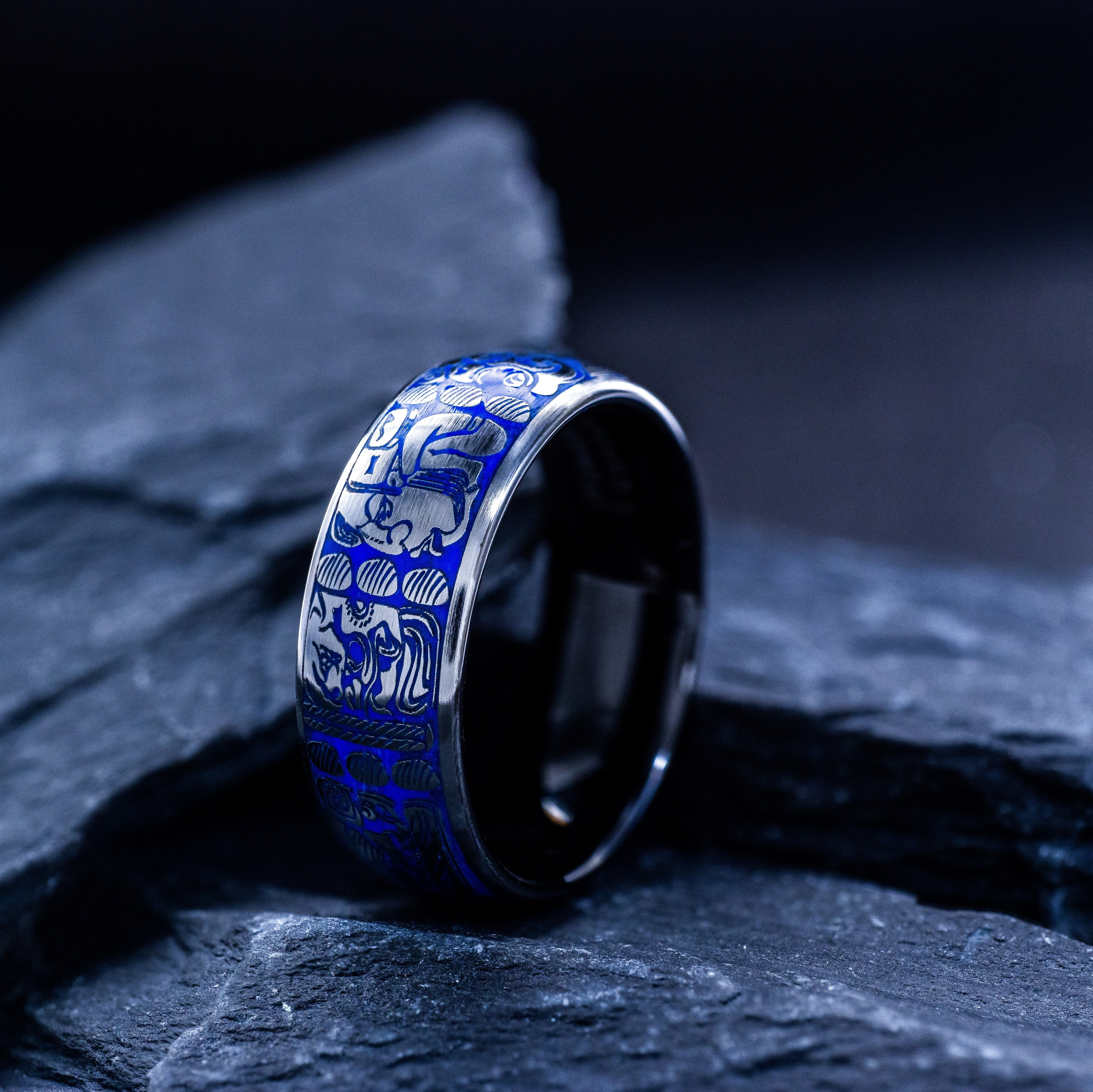 Blue Enamel Mayan Ring, 8mm Tungsten Carbide Ring