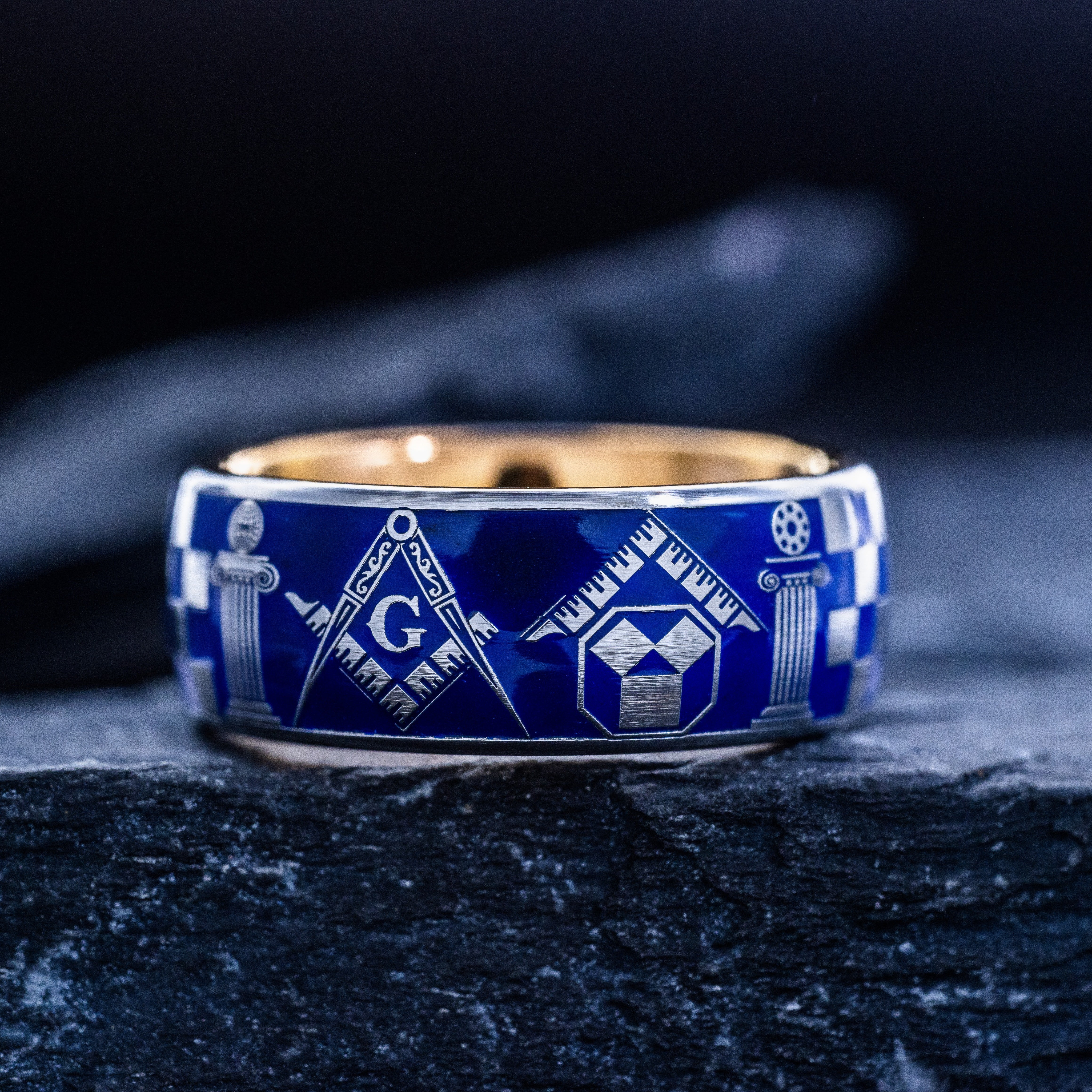Masonic Blue Enamel Ring with Checkerboard Pattern, 9mm Rose Gold Plated Tungsten Carbide Band
