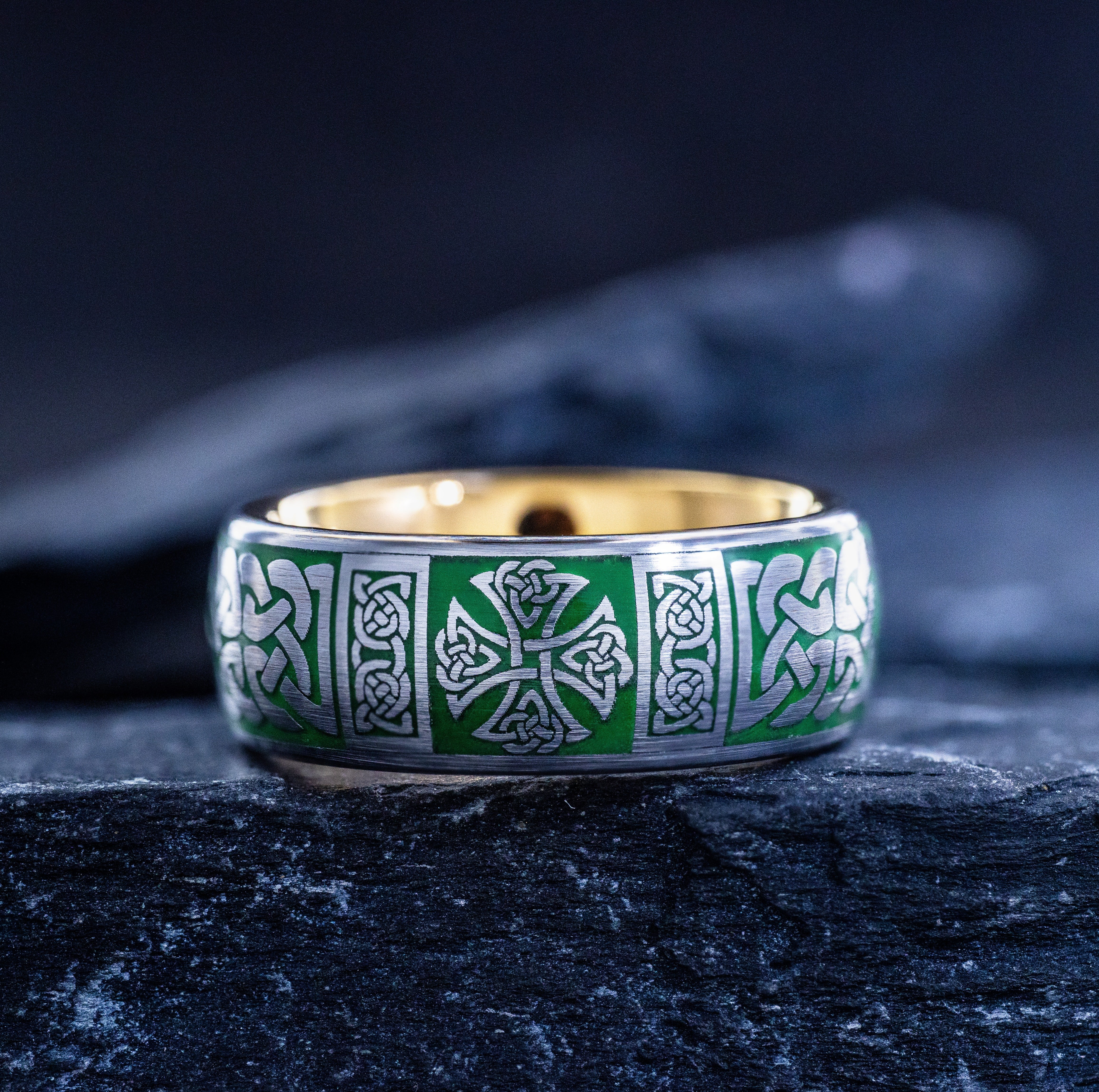 Green Enamel Celtic Cross and Knot Tungsten Ring, 8mm Rose Gold Plated Band