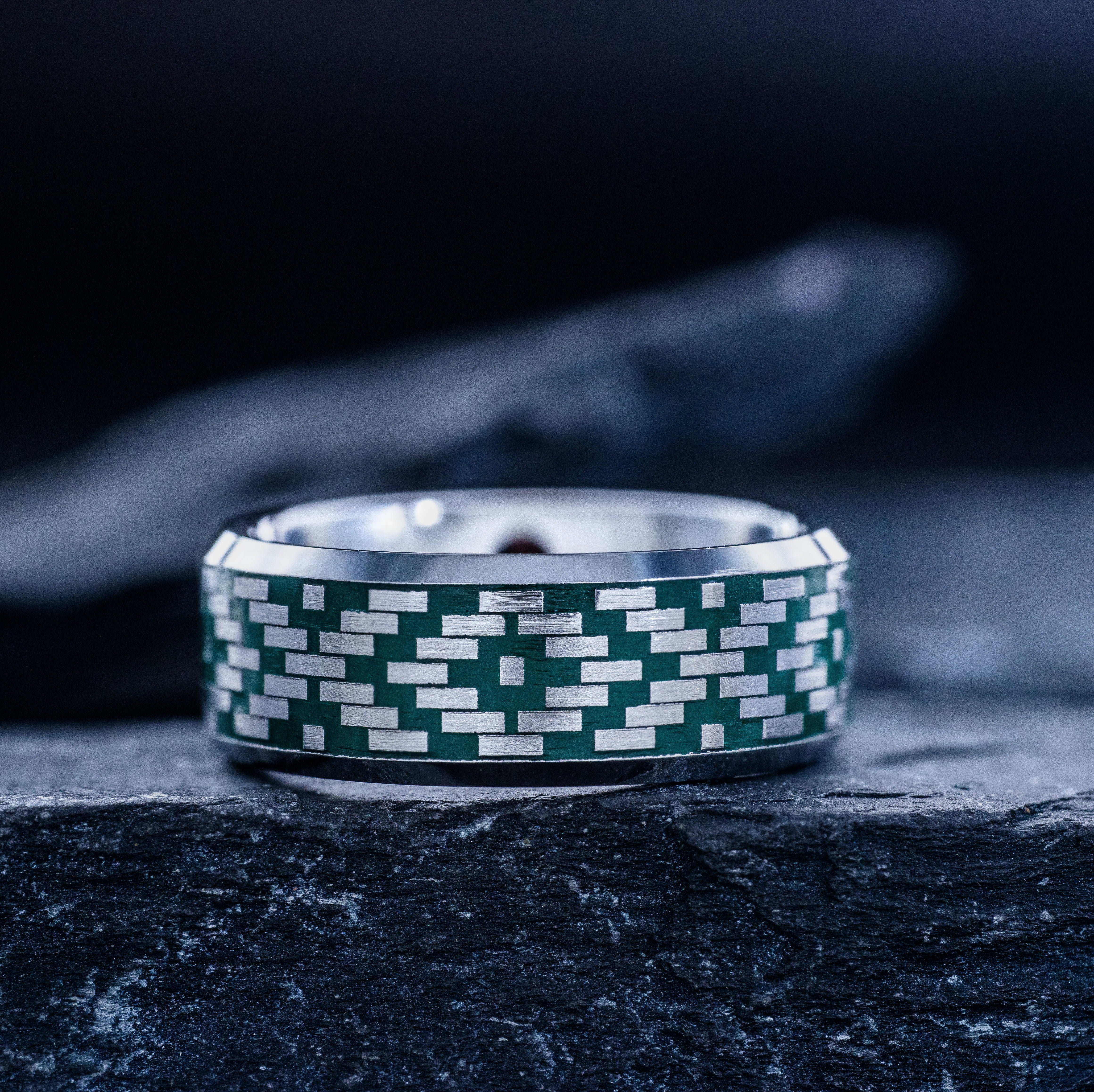 Dark Green Enamel New World Geometric Pattern Tungsten Carbide Ring, 8mm Engraved Tungsten Band