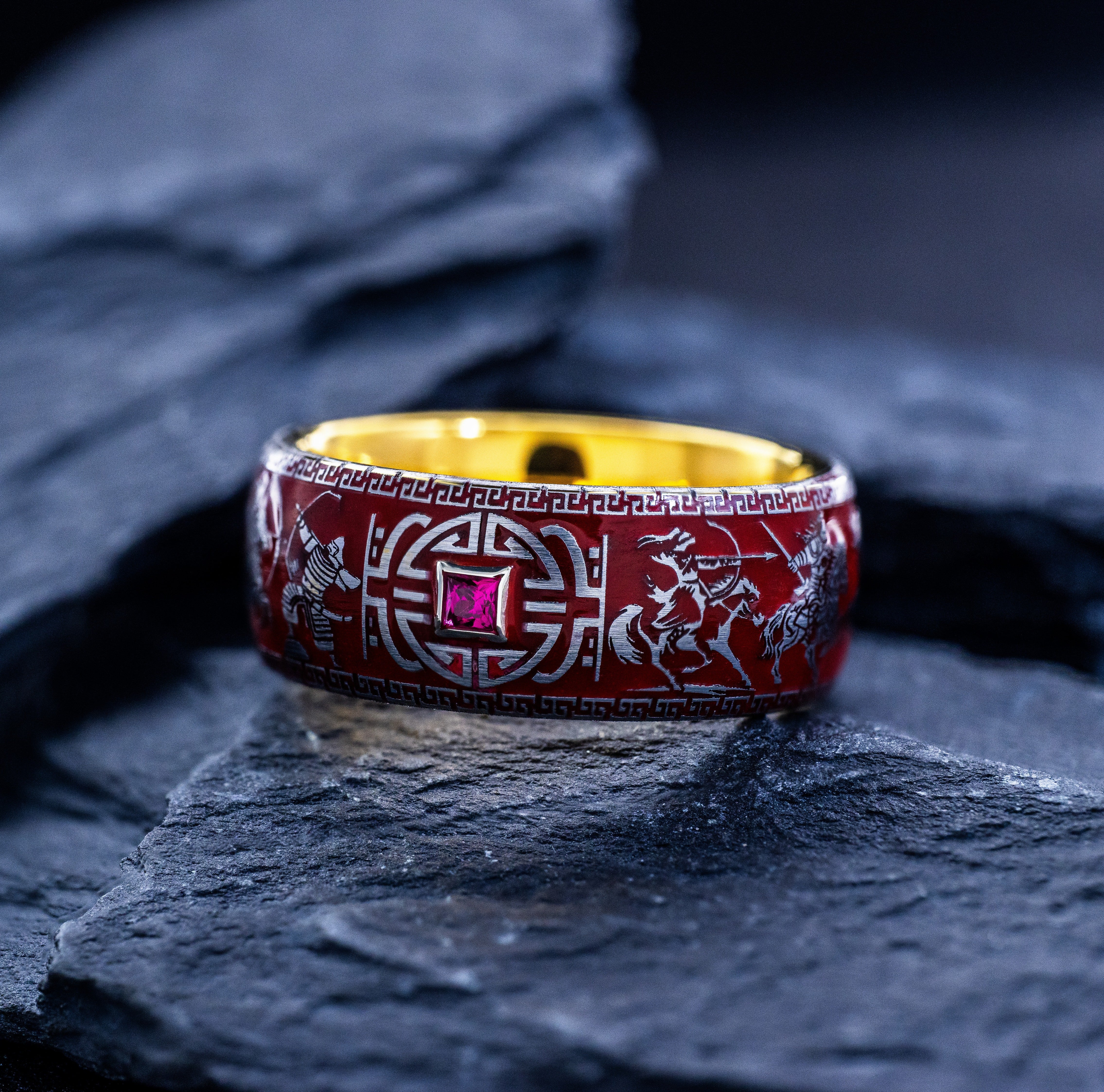 Red Enamel Mongol Warrior Ring, 9mm Rose Gold Plated Band with Gemstone