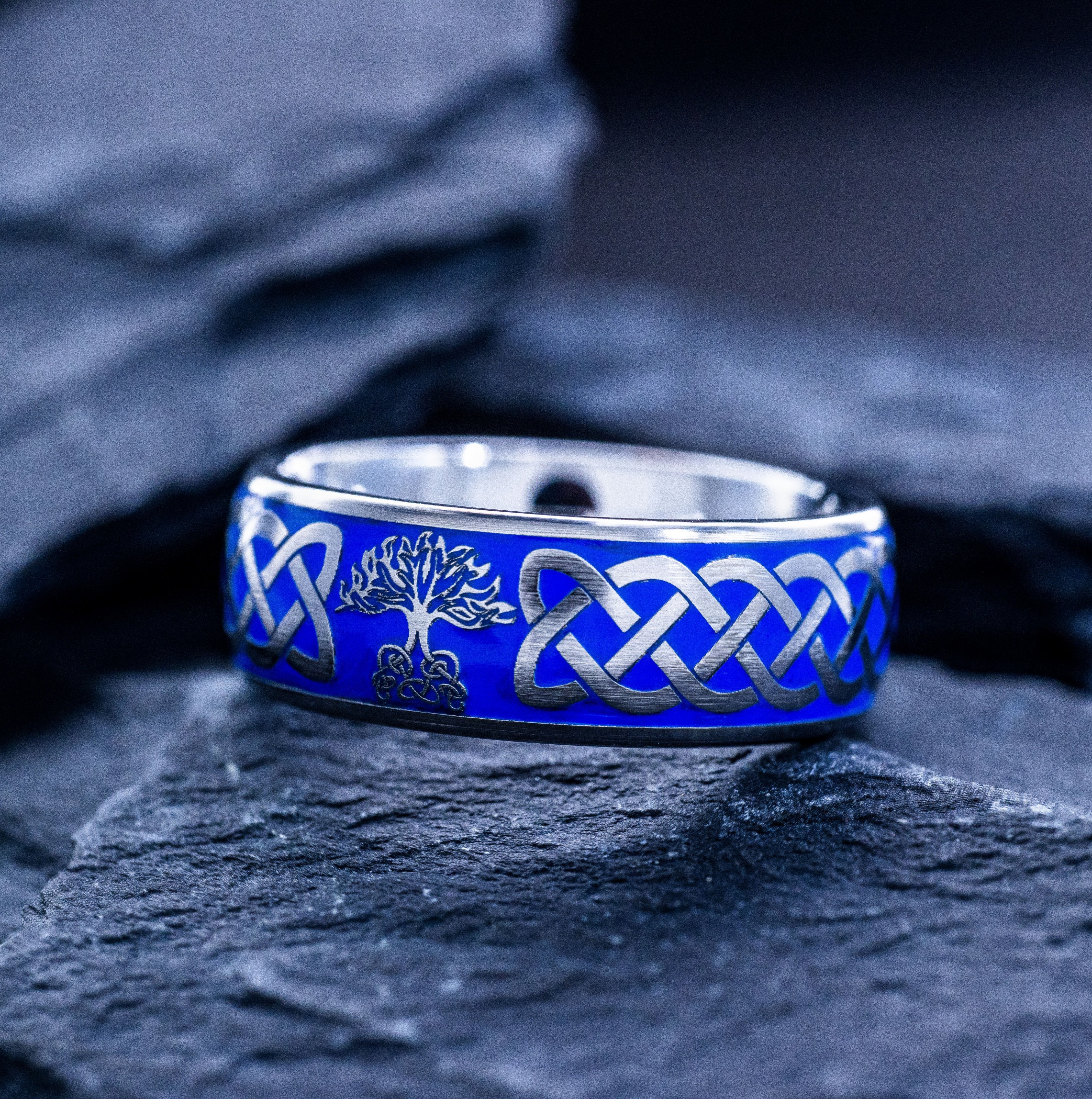 Blue Enamel Tree of Life Ring, 8mm Tungsten Band with Celtic Knot