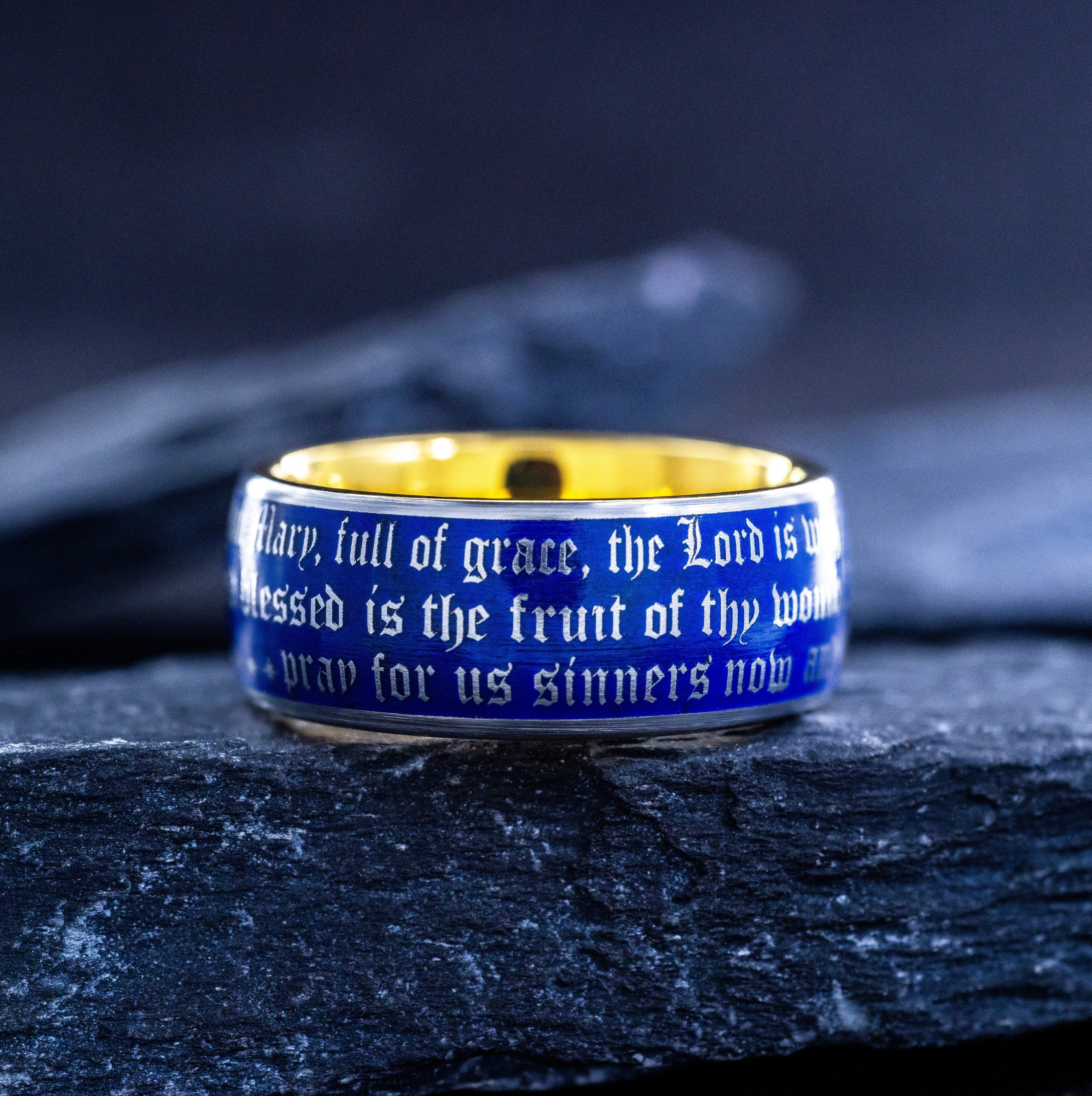 Christian Prayer Blue Enamel Ring, 9mm Yellow Gold Plated Band with the Virgin Mary and Christ