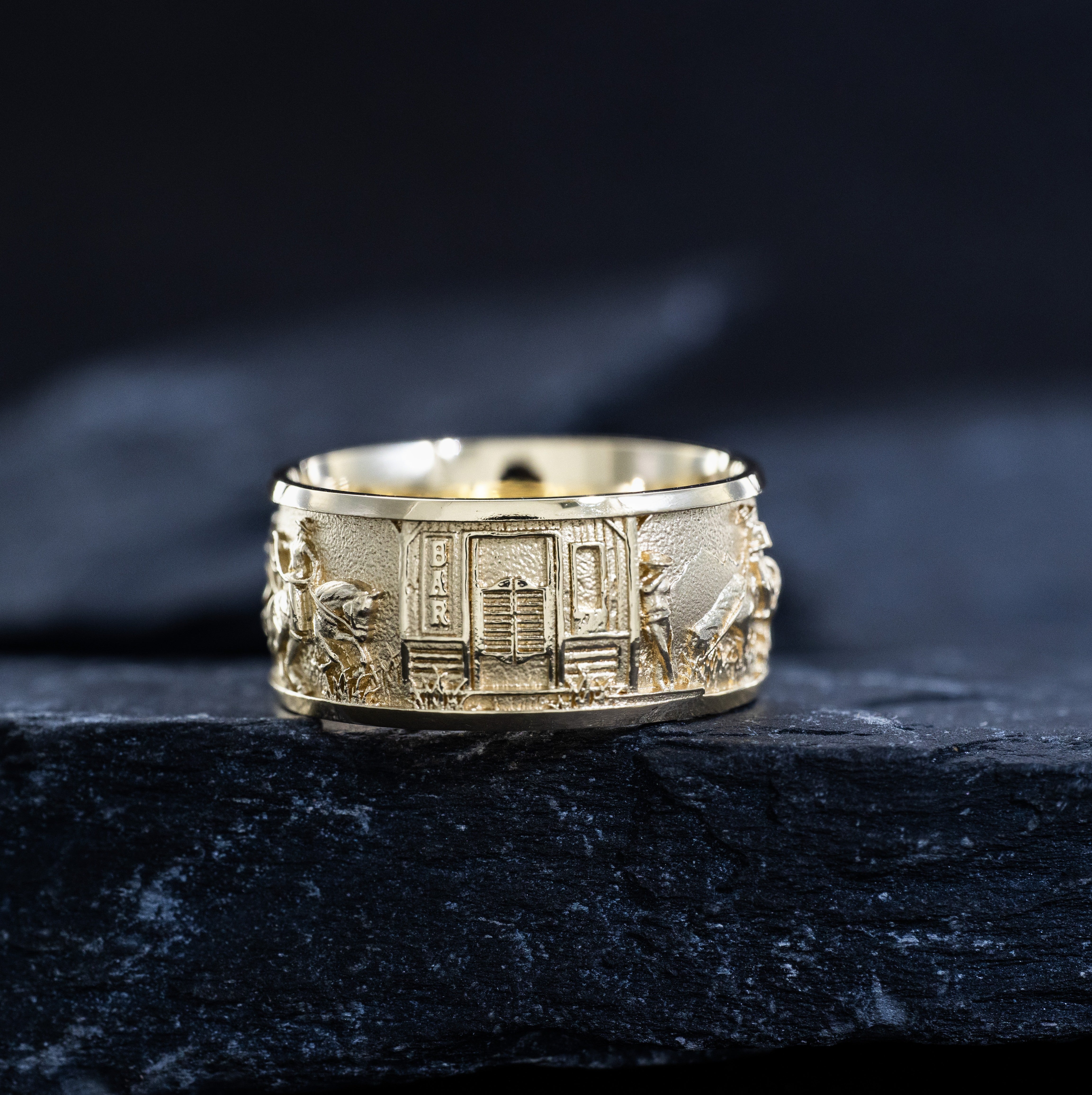 10mm Solid Yellow Gold Band with Western Cowboys and Bulls