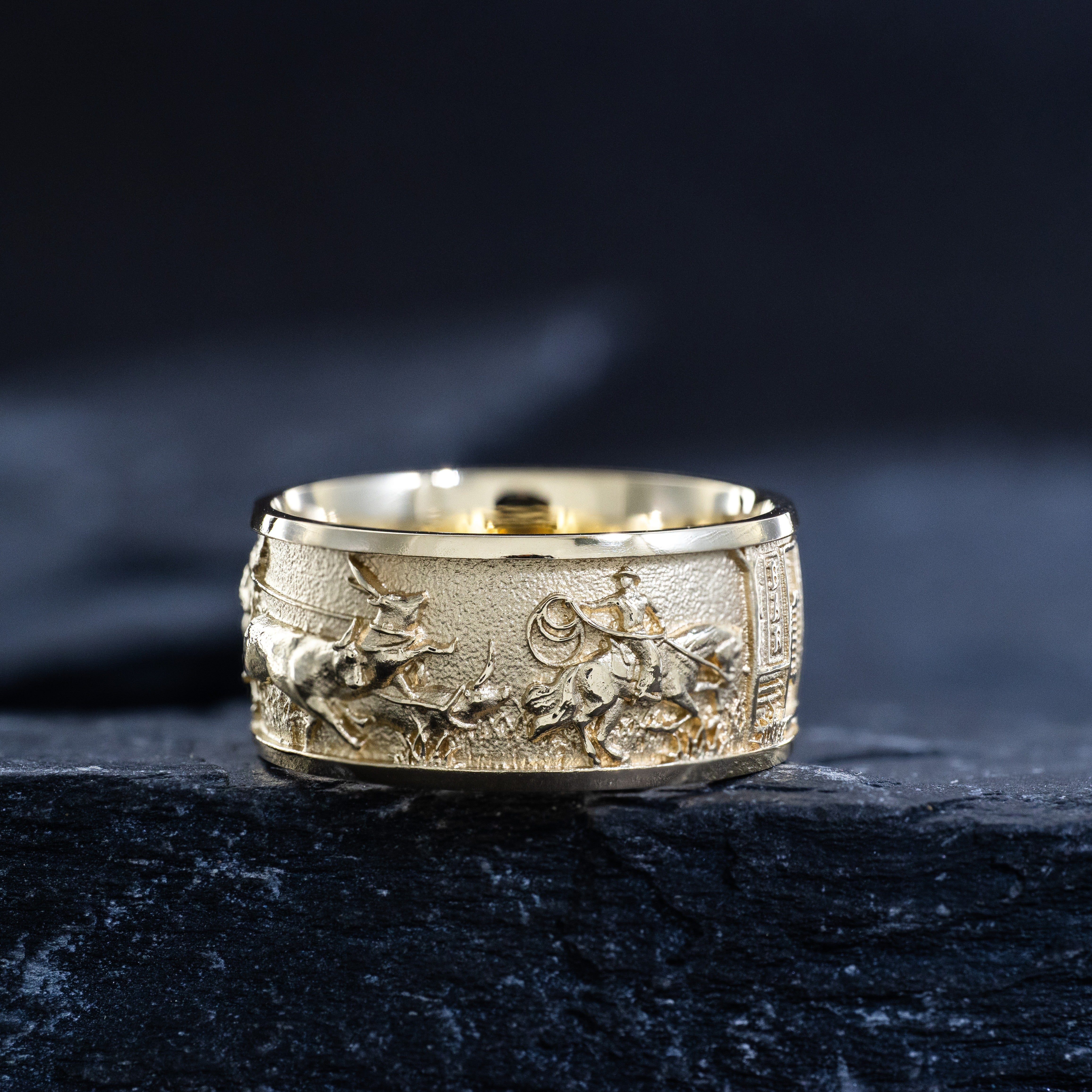 10mm Solid Yellow Gold Band with Western Cowboys and Bulls