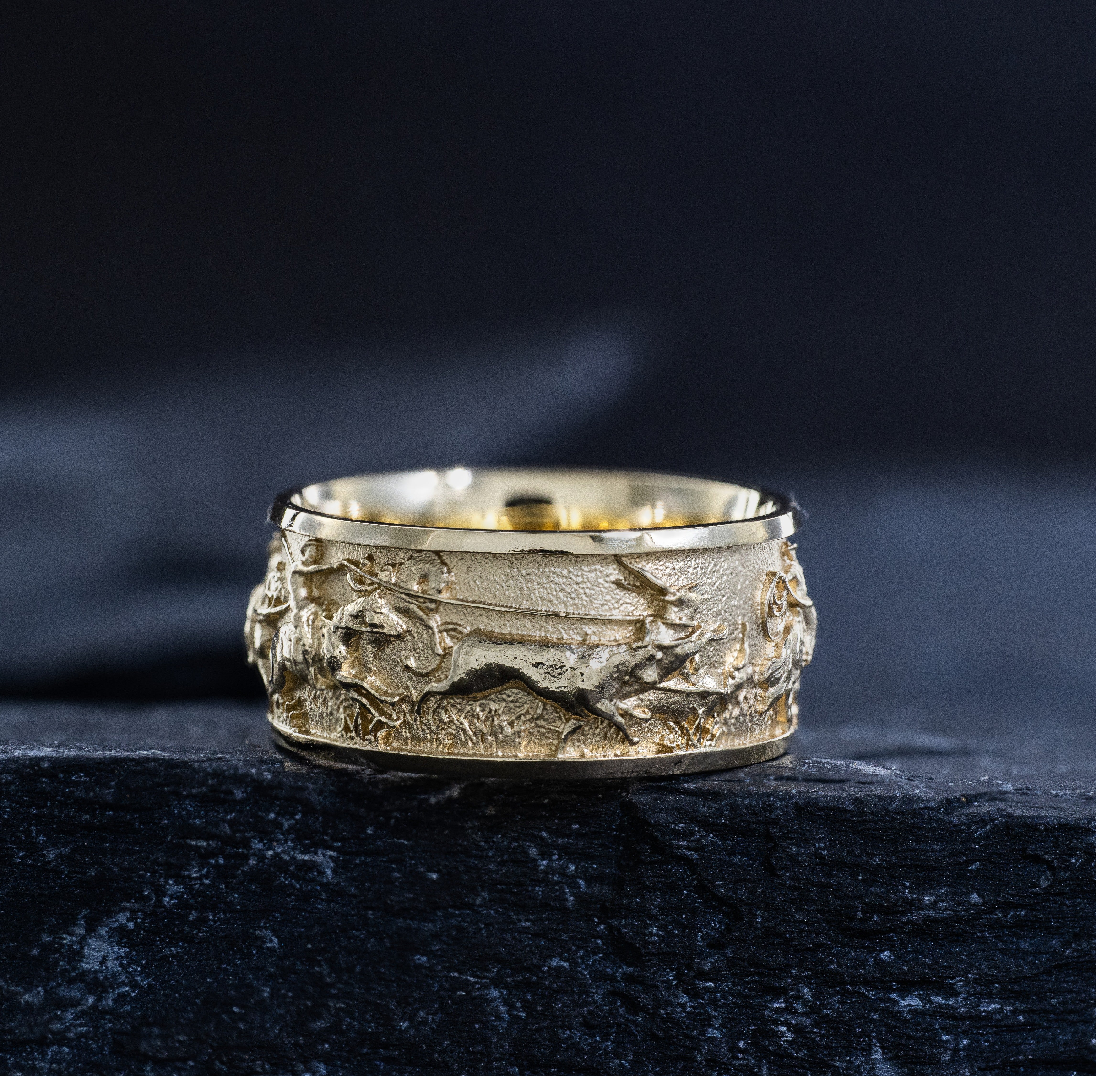 10mm Solid Yellow Gold Band with Western Cowboys and Bulls