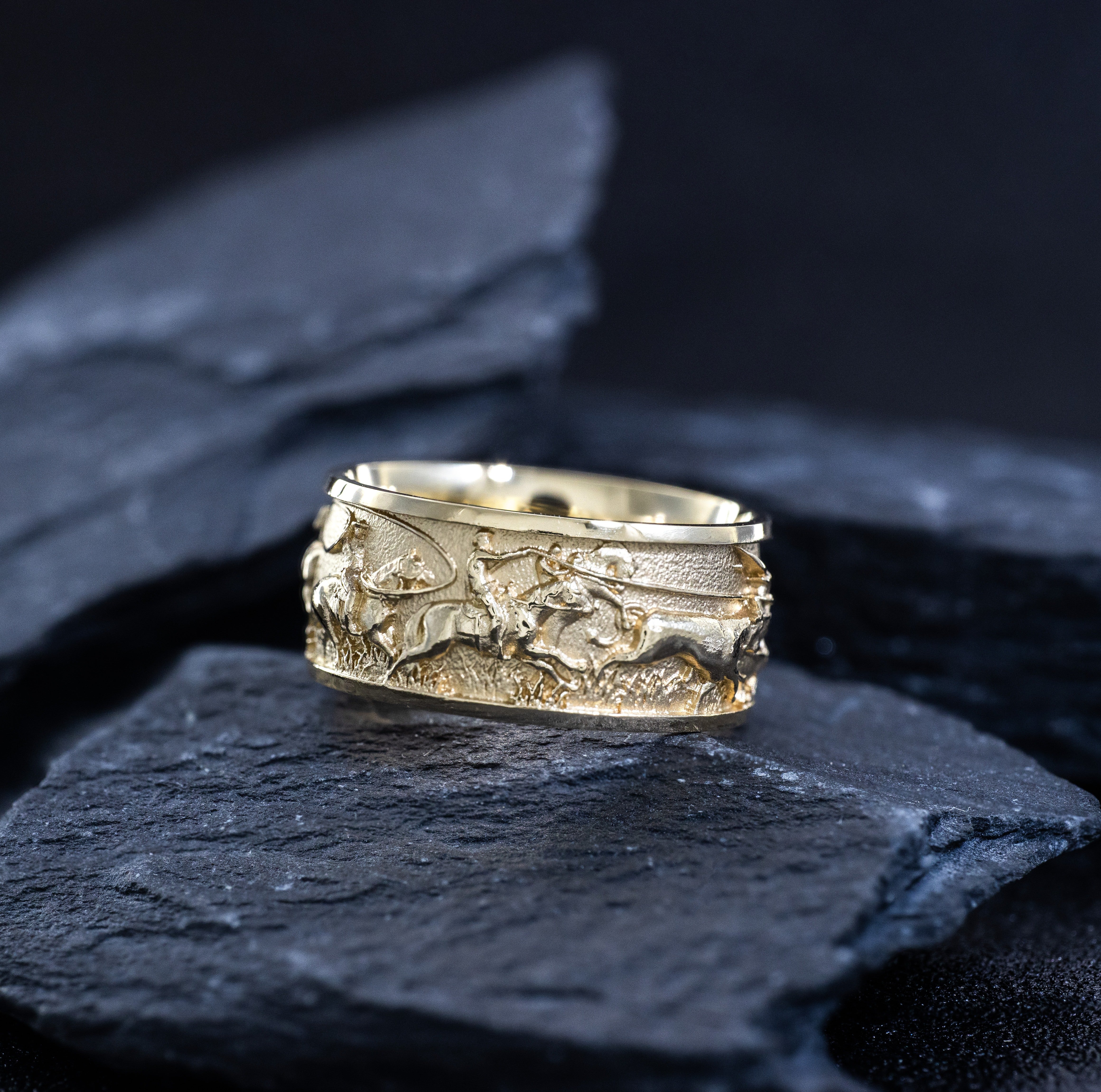 10mm Solid Yellow Gold Band with Western Cowboys and Bulls