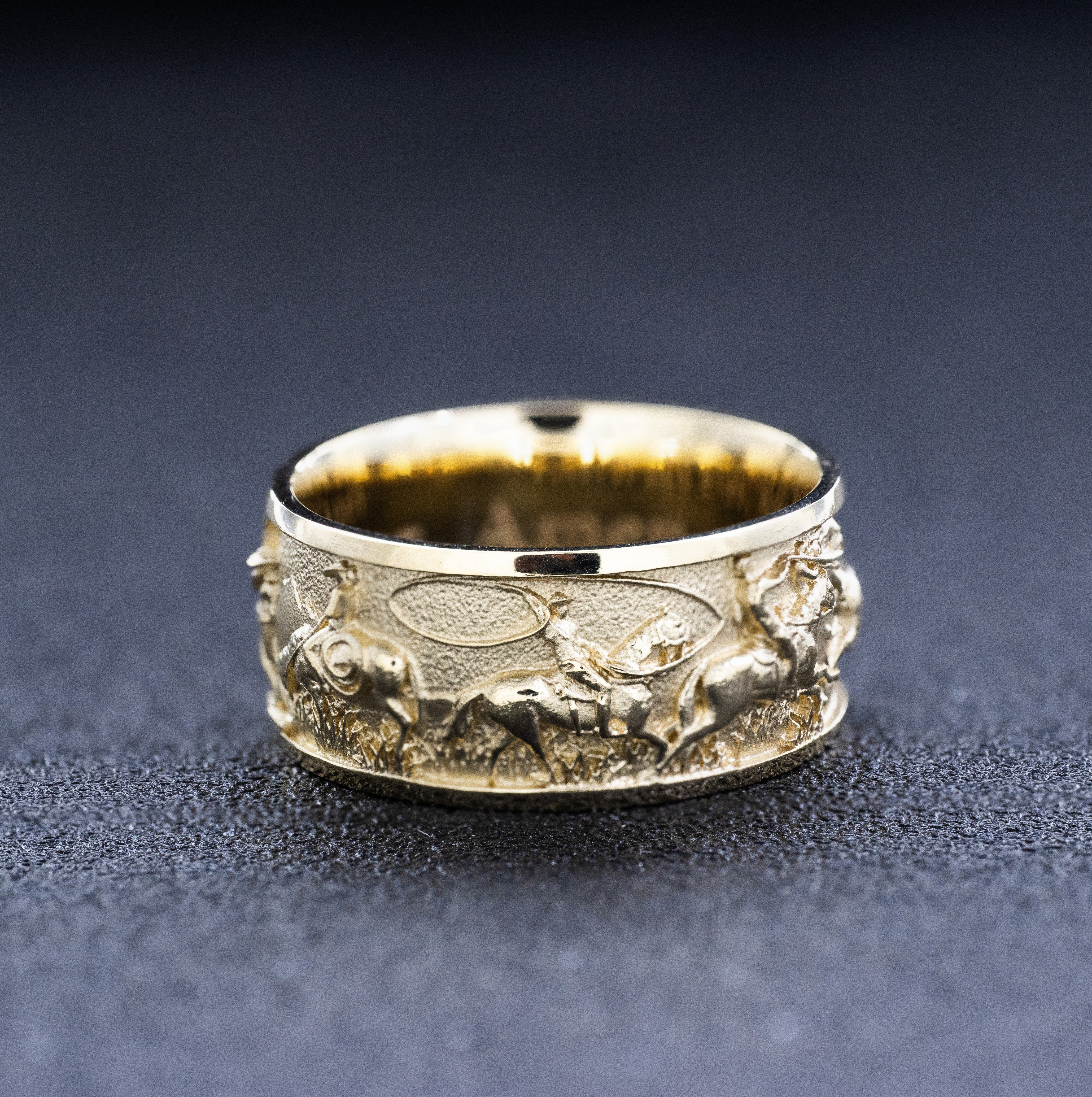 10mm Solid Yellow Gold Band with Western Cowboys and Bulls