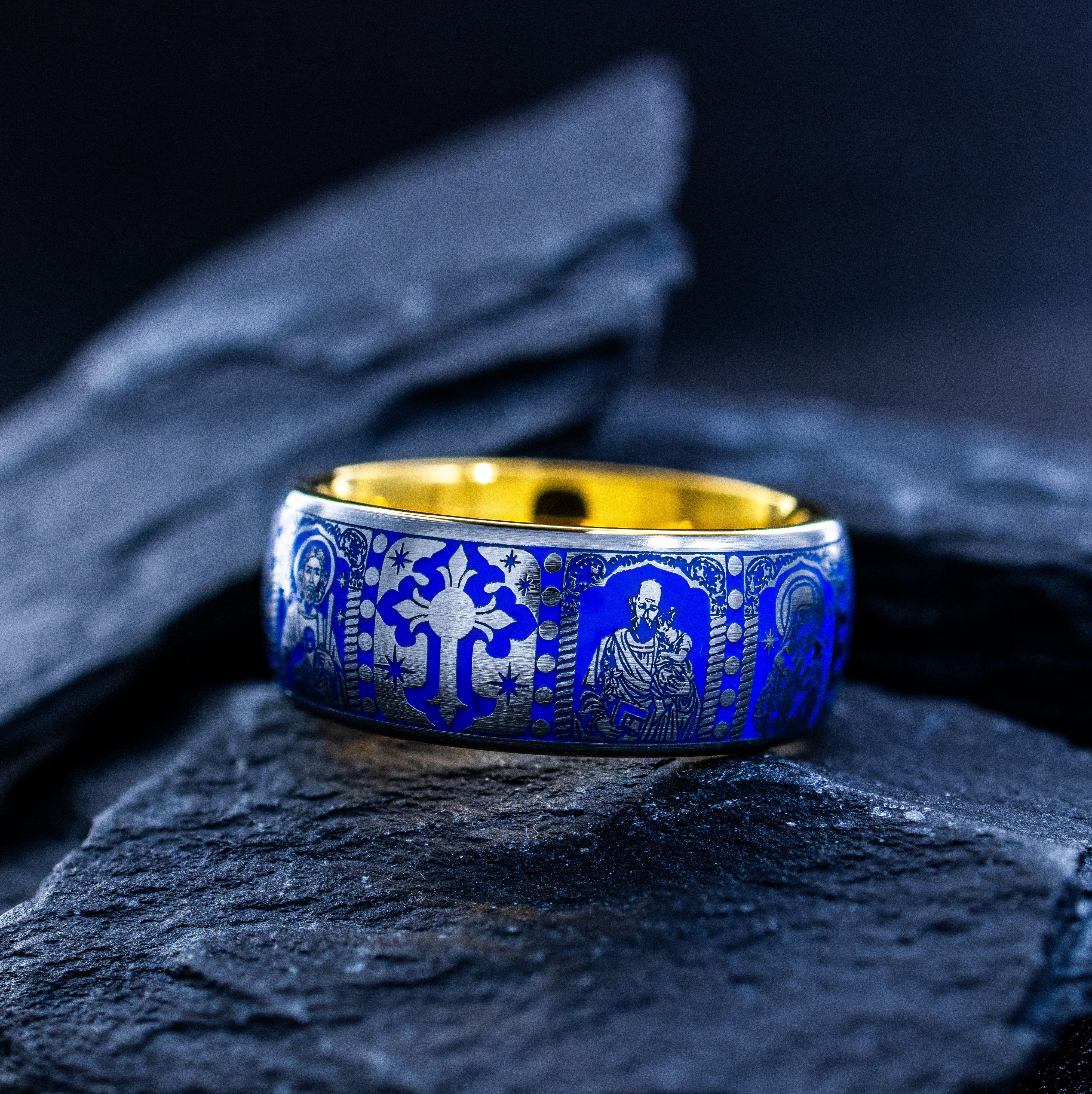 Christian Inspired Royal Blue Enamel Tungsten Ring, 9mm Yellow Gold Plated Band with Christ and Several Christian Saints