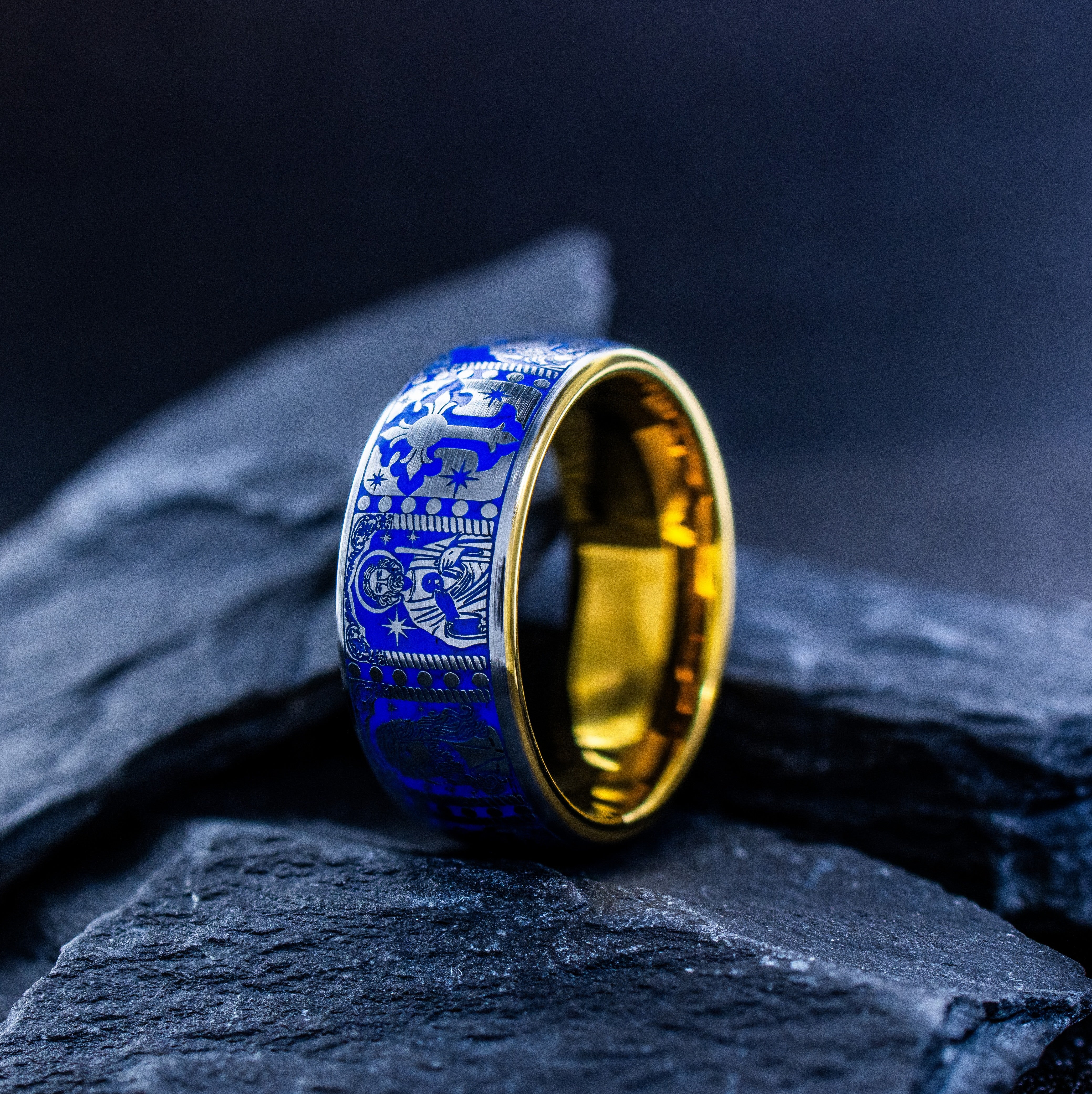 Christian Inspired Royal Blue Enamel Tungsten Ring, 9mm Yellow Gold Plated Band with Christ and Several Christian Saints