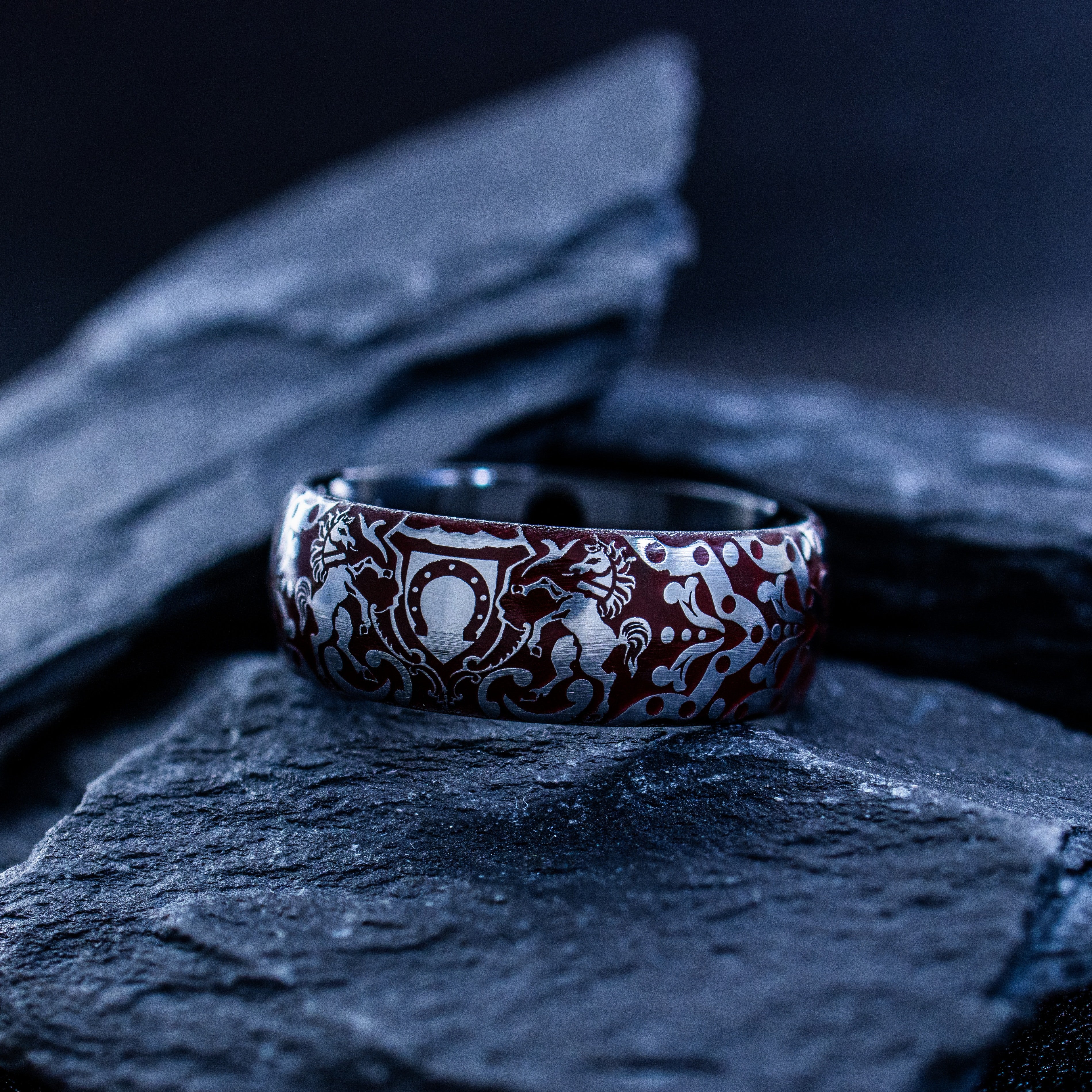 Horses and Horseshoe Dark Red Enamel Tungsten Ring, 8mm Black Tungsten Band
