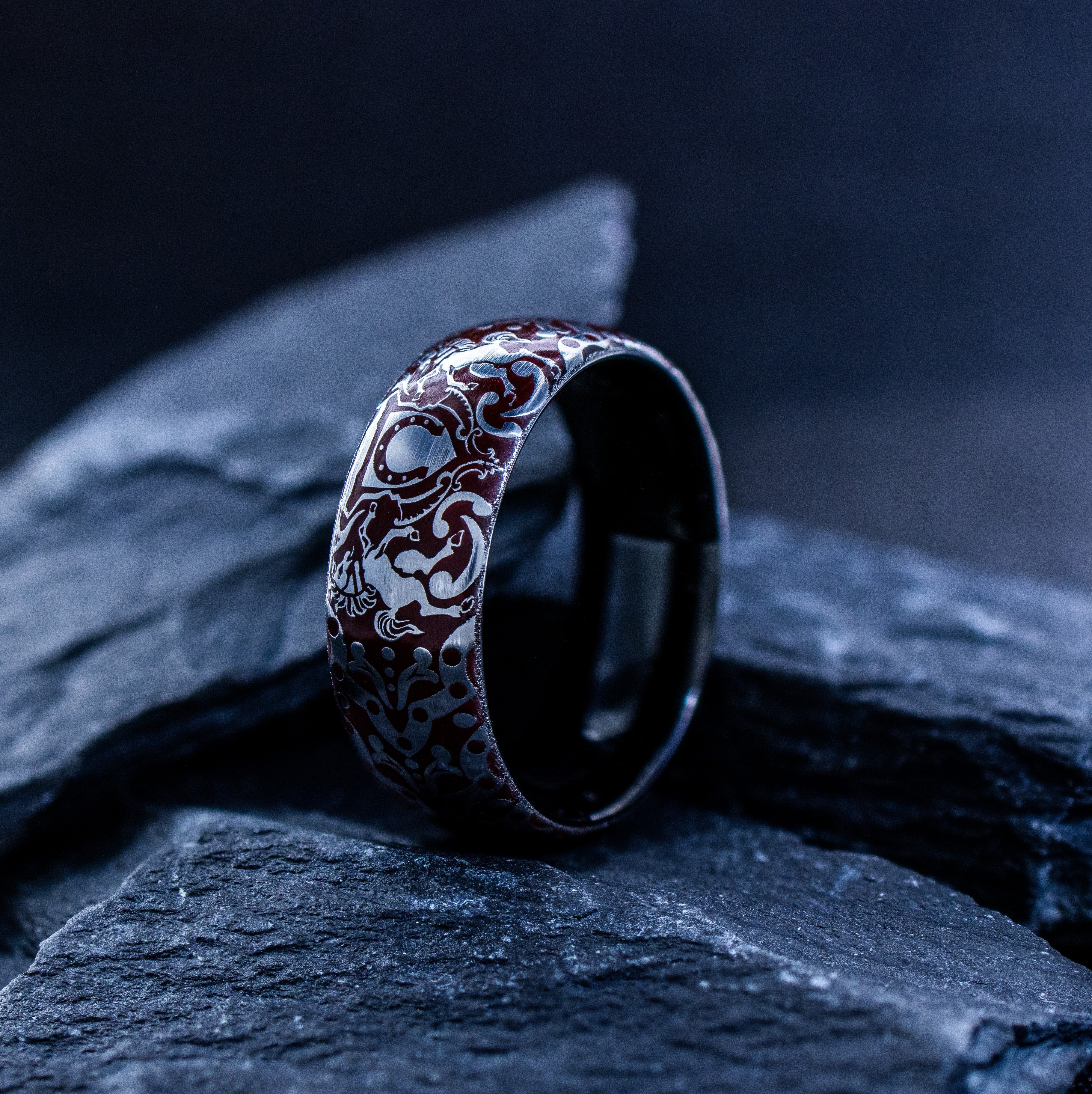 Horses and Horseshoe Dark Red Enamel Tungsten Ring, 8mm Black Tungsten Band