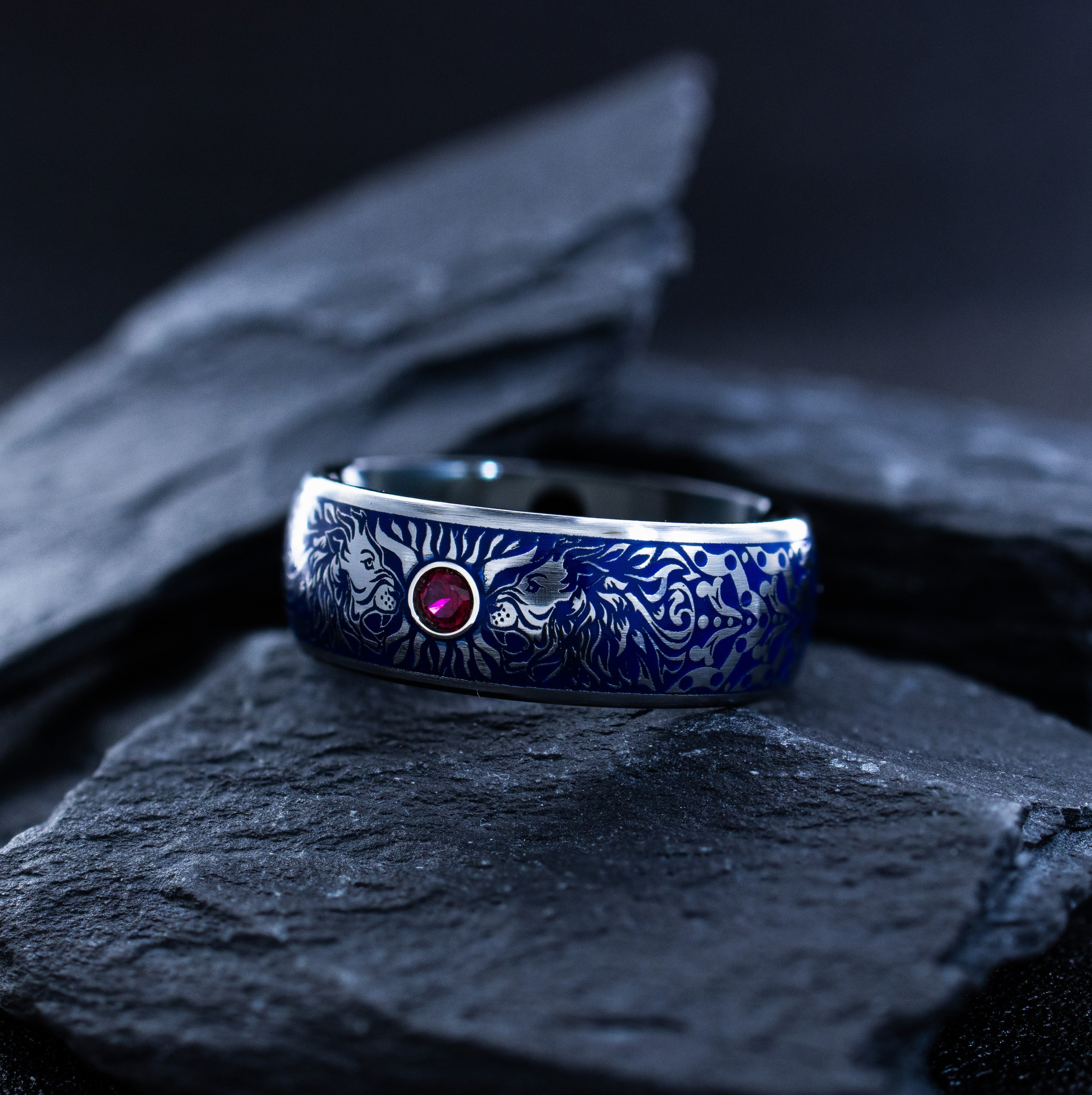 Lion Heads and Gemstone Tungsten Ring with Royal Blue Enamel, 8mm Personalized Tungsten Carbide Band