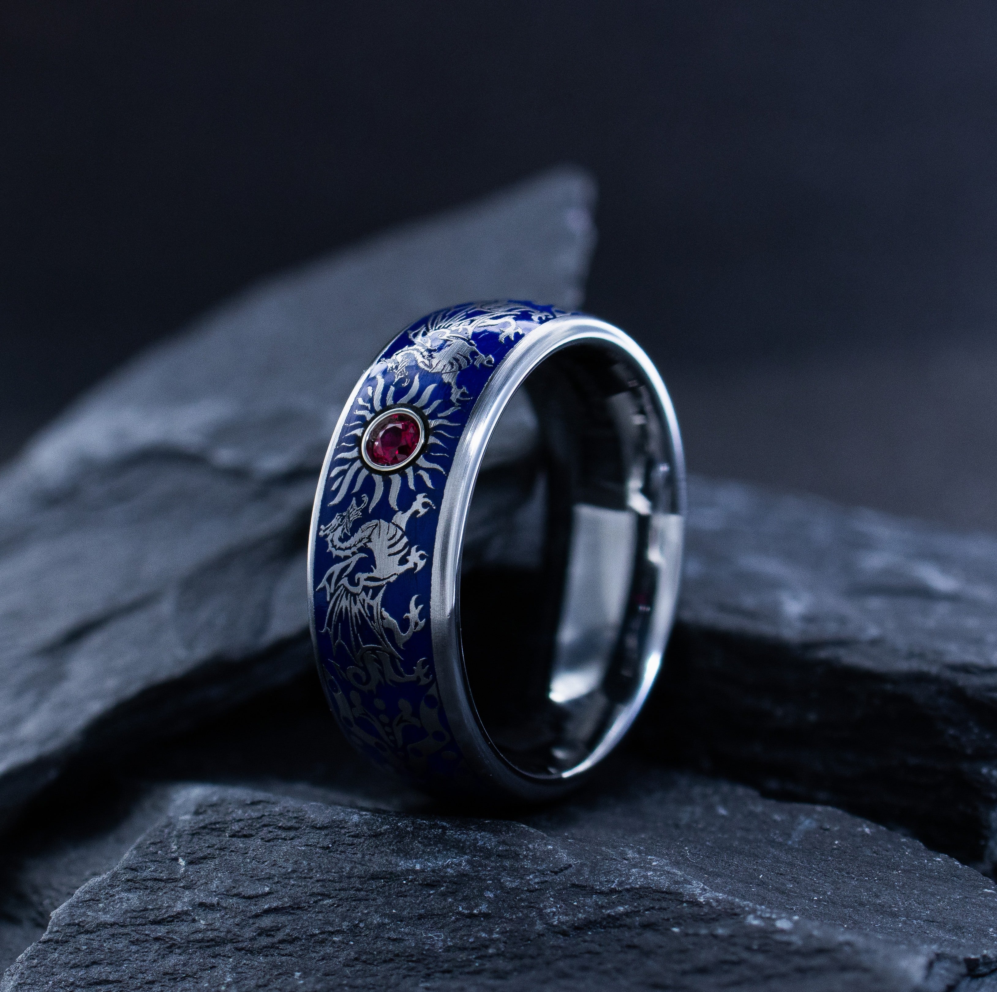 Heraldic Dragon Tungsten Ring with Royal Blue Enamel, 8mm Celtic Dragon Band