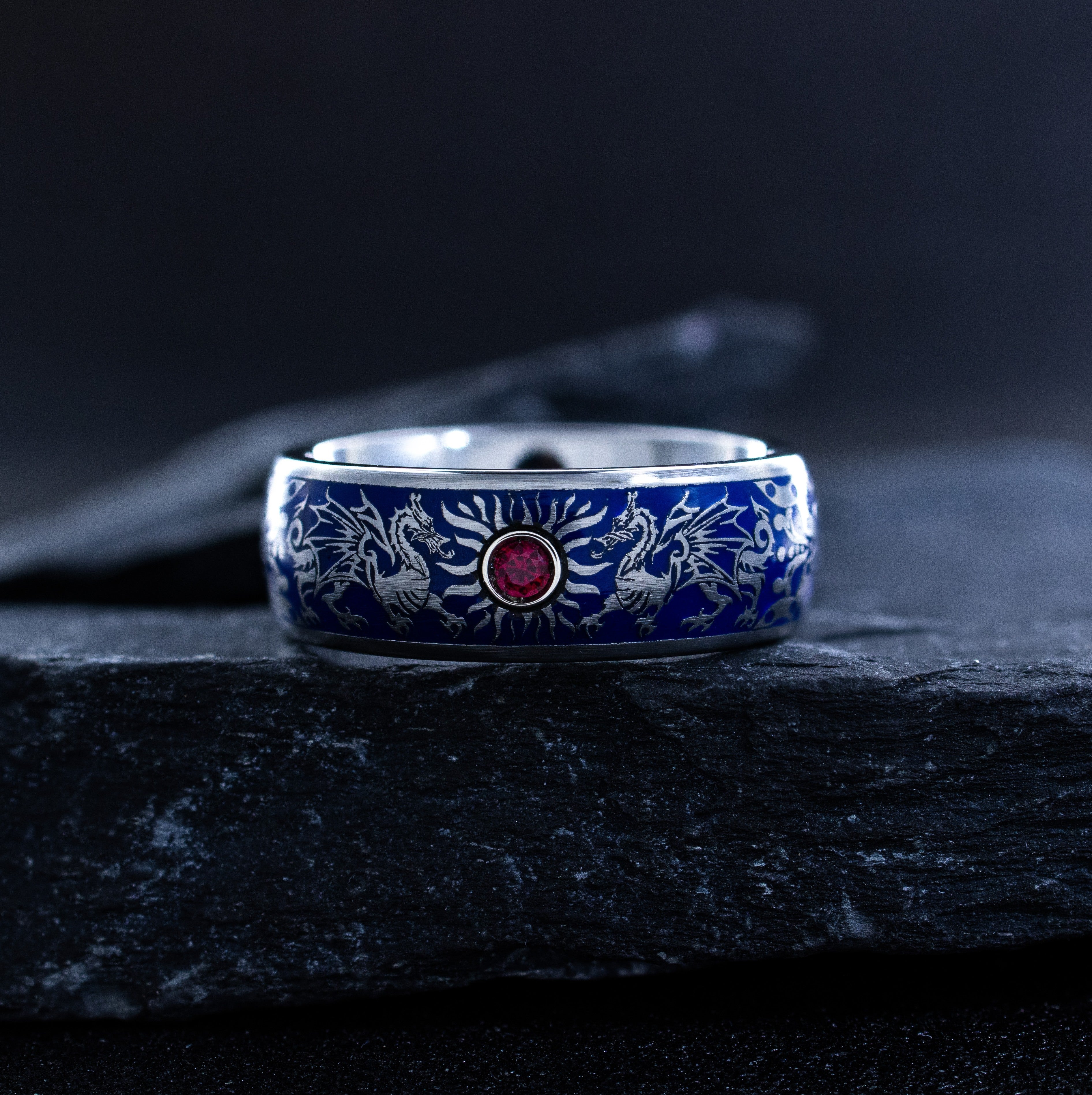 Heraldic Dragon Tungsten Ring with Royal Blue Enamel, 8mm Celtic Dragon Band