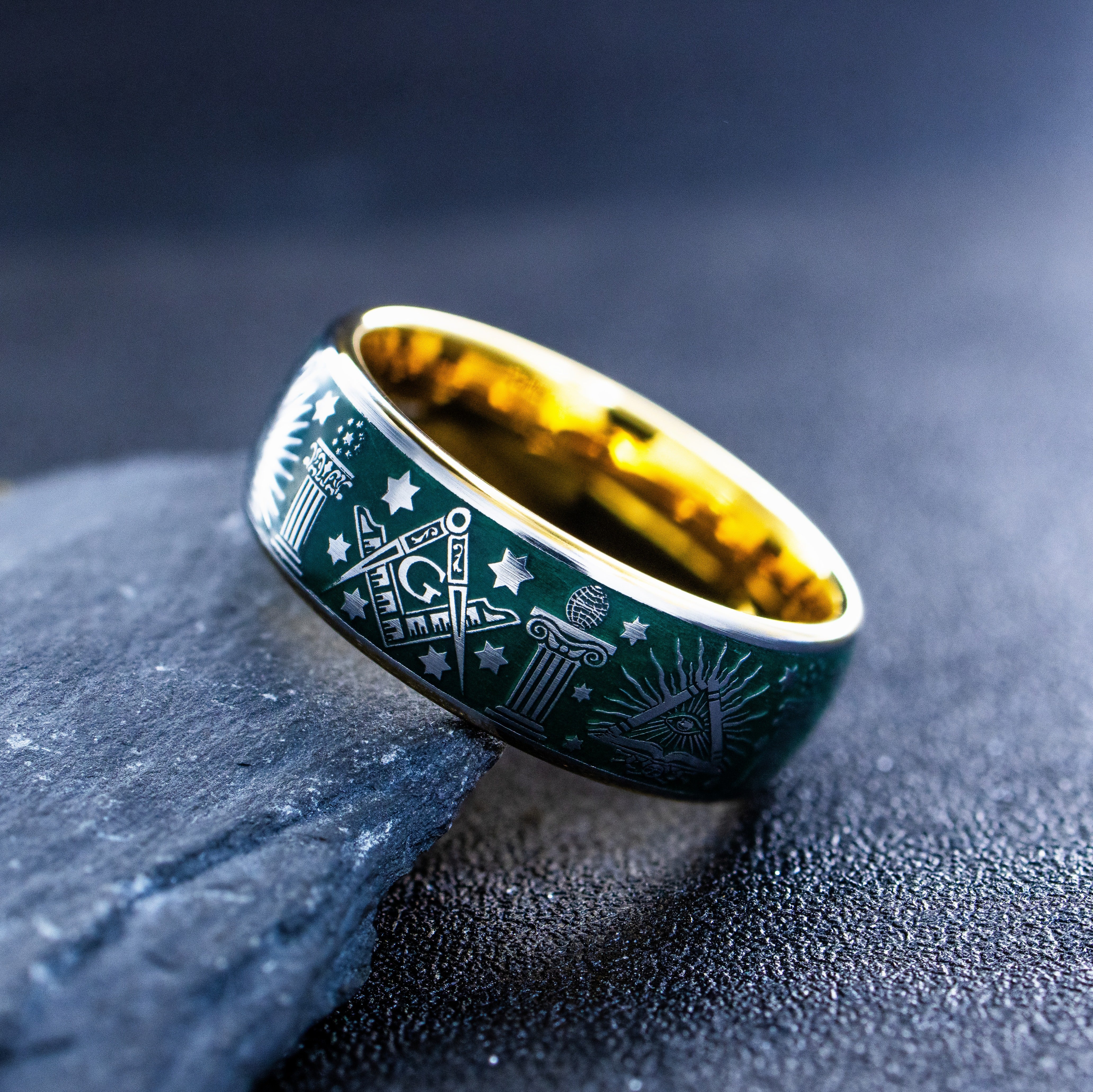 Masonic Tungsten Carbide Ring, 9mm Yellow Gold Plated Band with Masonic Symbols and Blue Enamel