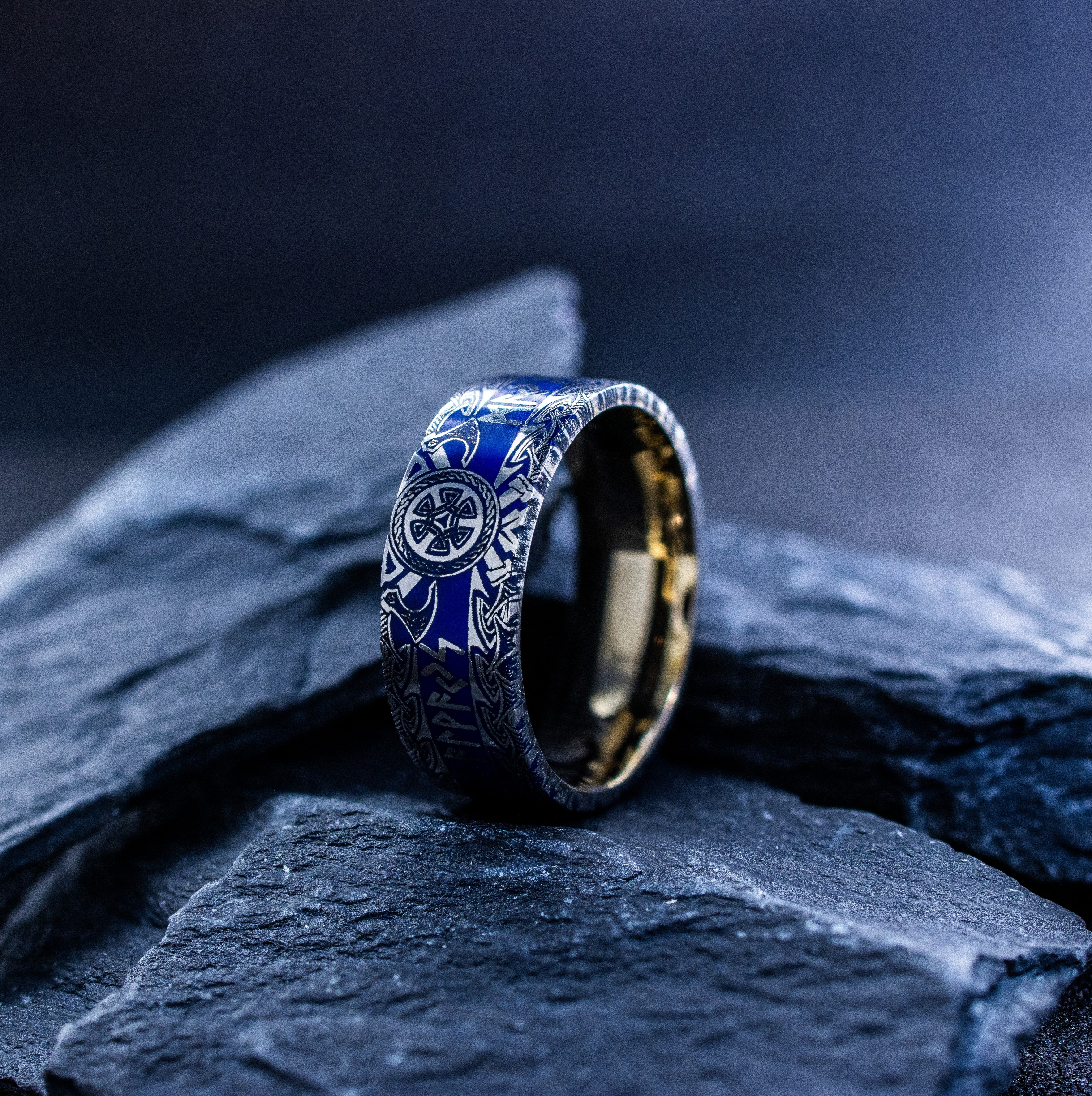 8mm Titanium Band with Norse Viking Runes and Blue Enamel