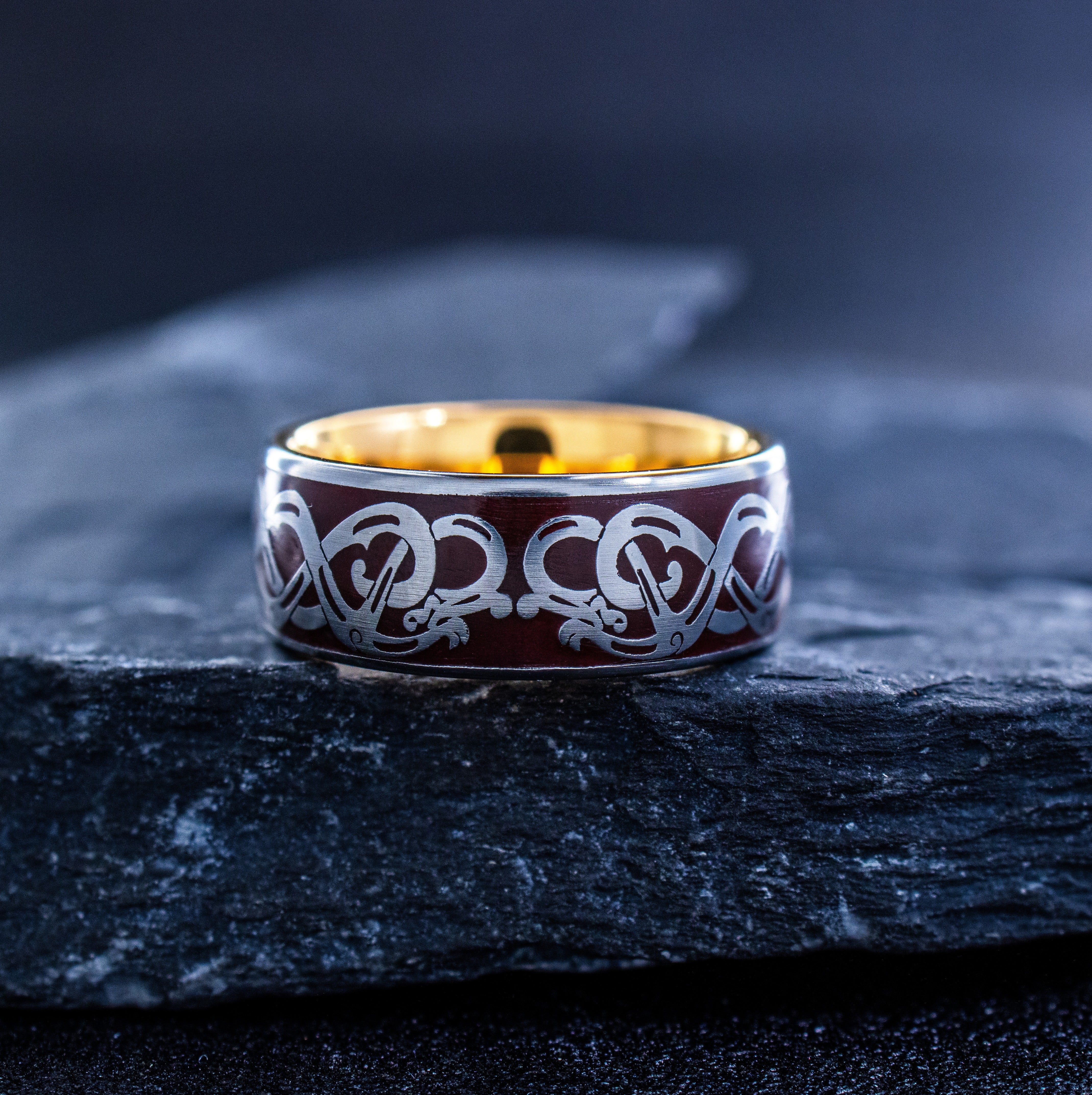 Norse Viking Wolf Head and Runes Ring, 9mm Rose Gold Plated Tungsten Band with Enamel