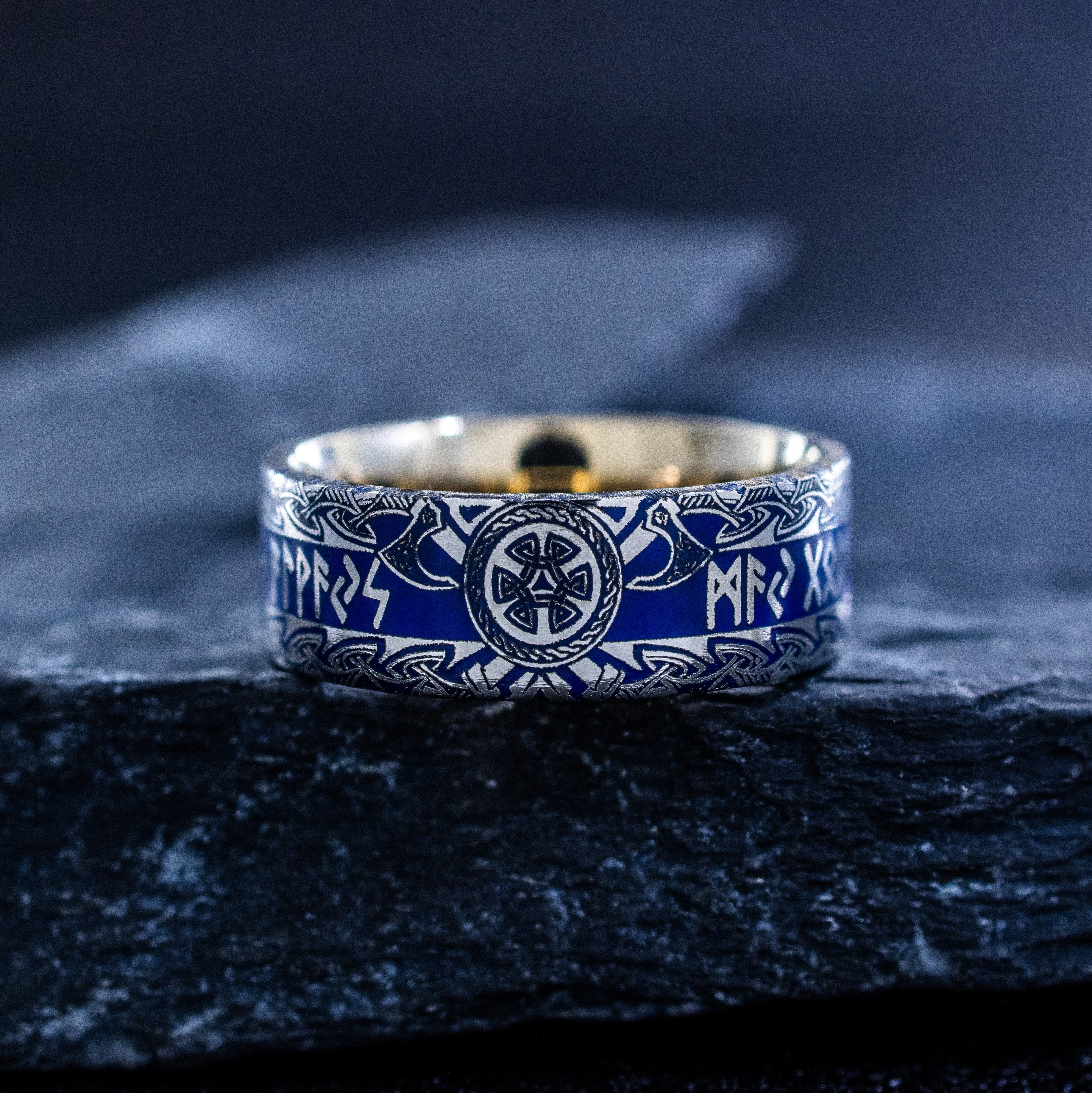 8mm Titanium Band with Norse Viking Runes and Blue Enamel