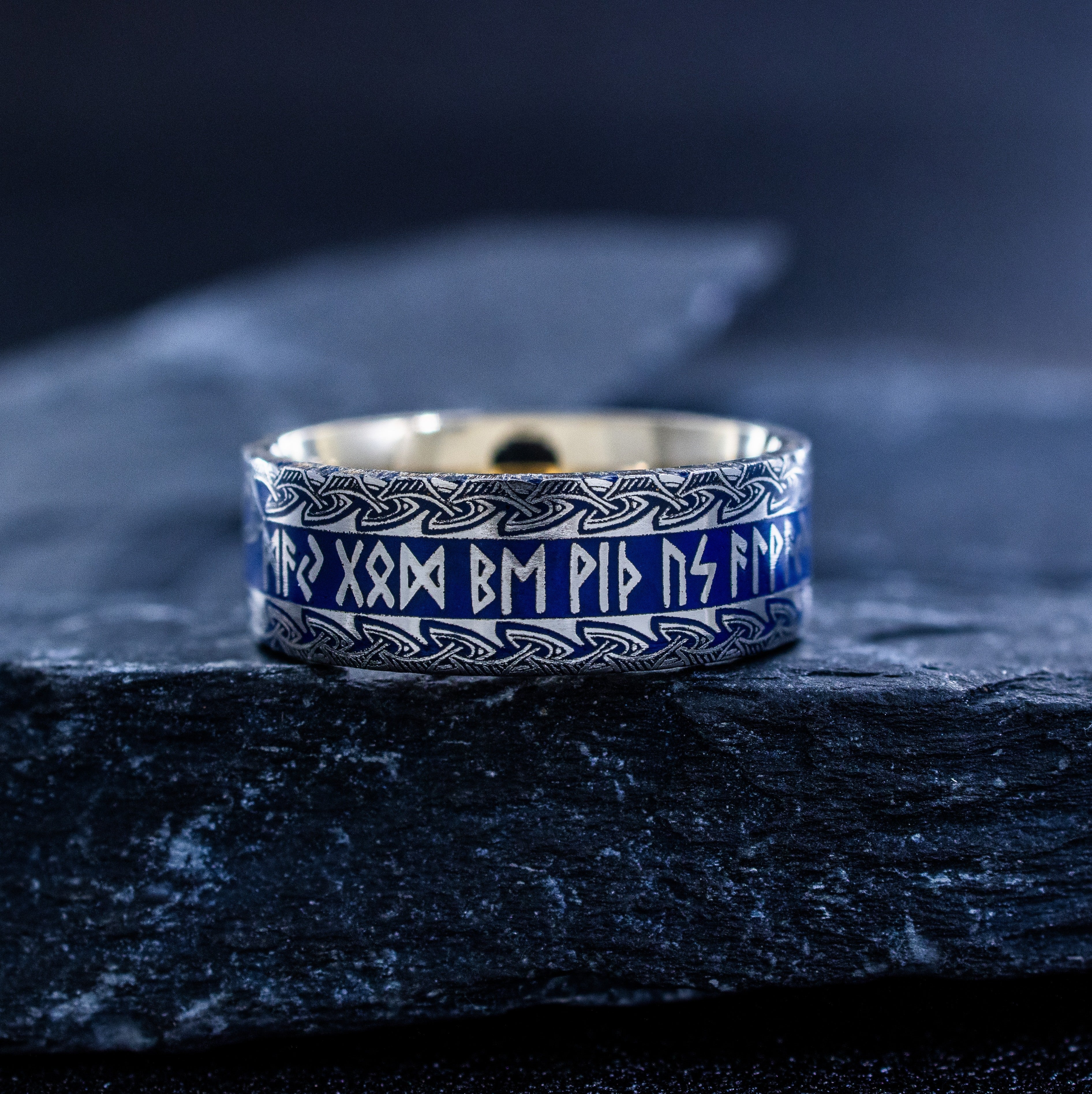 8mm Titanium Band with Norse Viking Runes and Blue Enamel