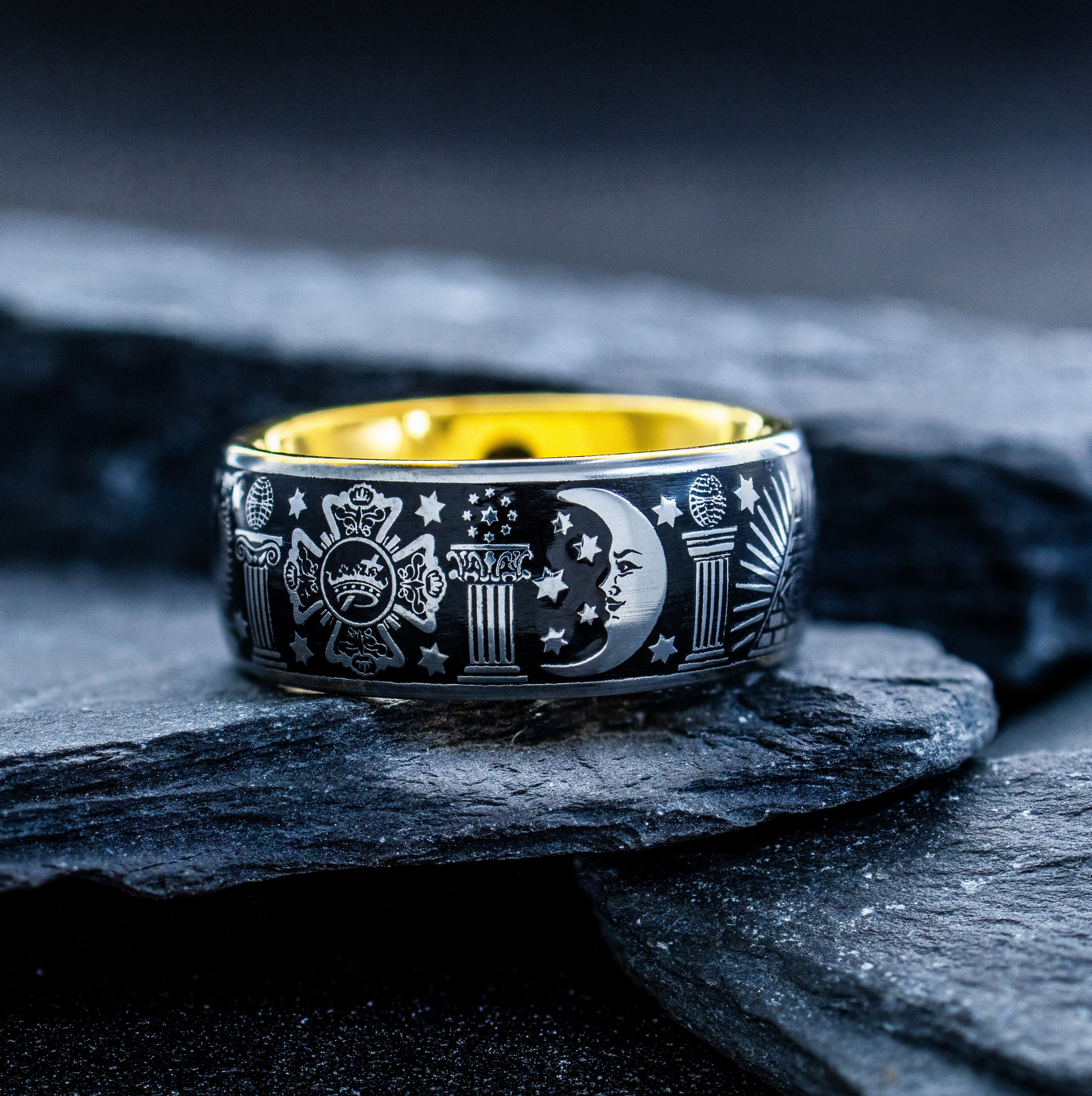 Masonic Tungsten Carbide Ring, 9mm Yellow Gold Plated Band with Masonic Symbols and Blue Enamel