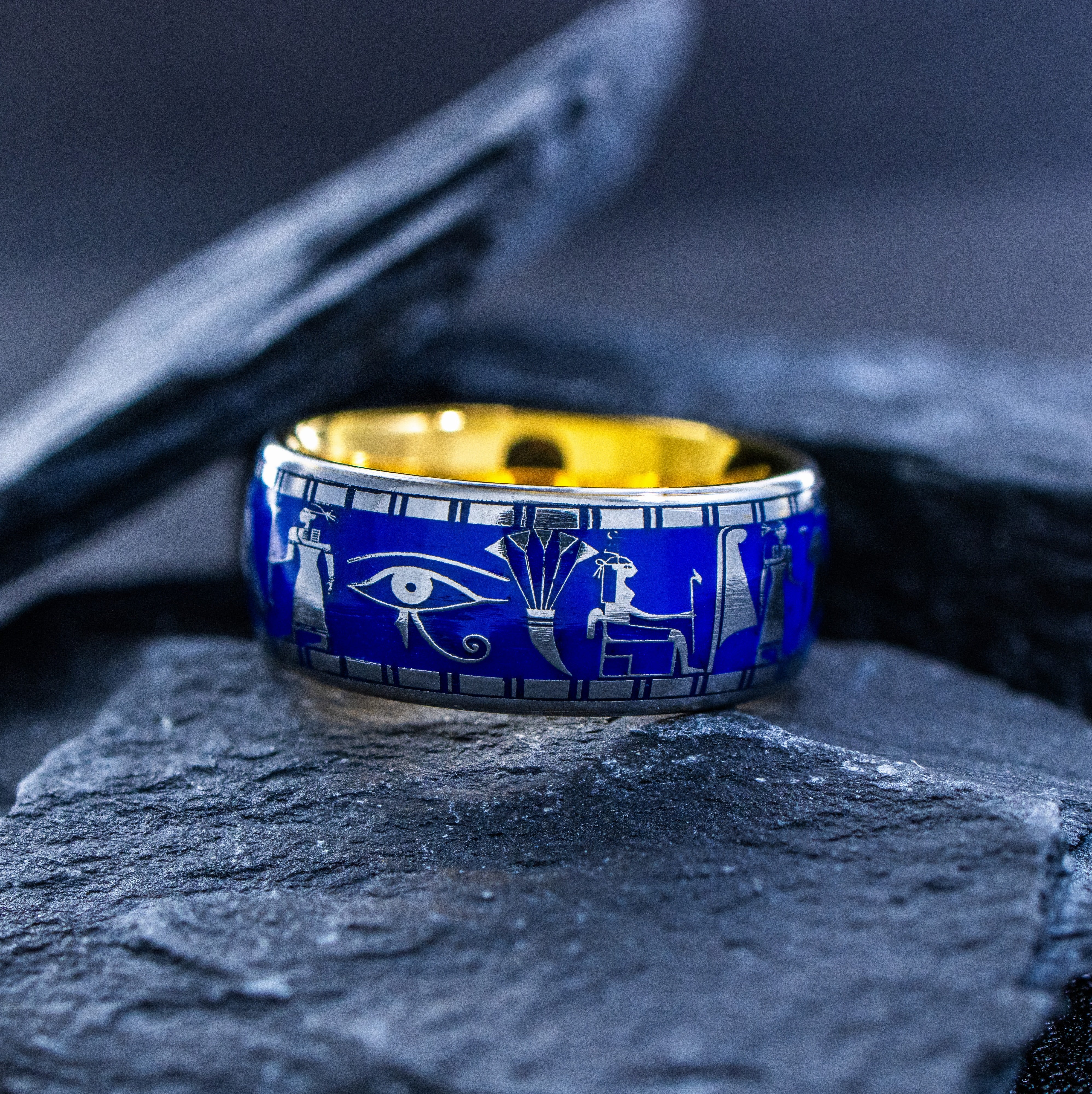 Ancient Egyptian Ring with Blue Enamel, 9mm Gold Plated Tungsten Carbide Band