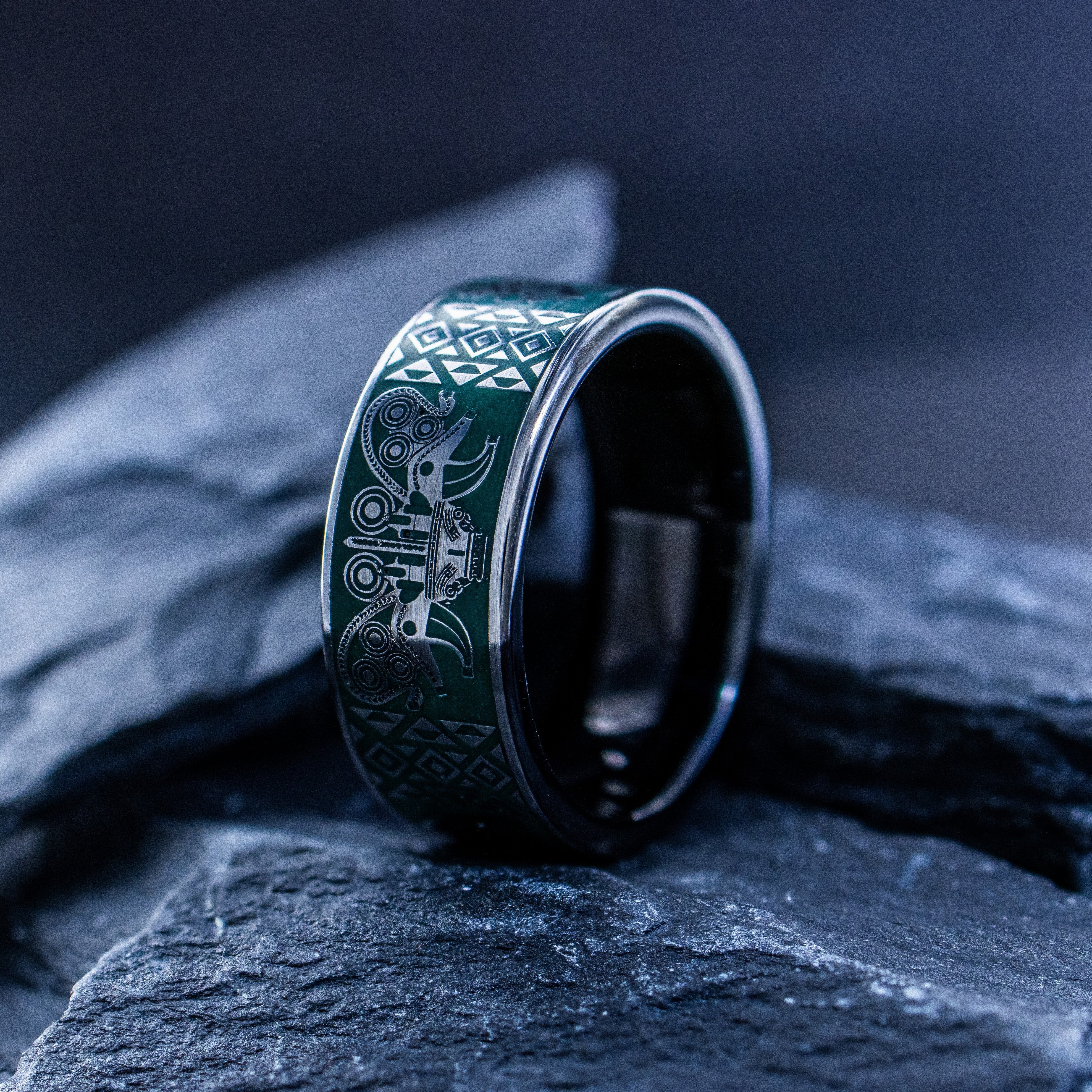 Dark Green Enamel Colombian Ring, 9mm Black Tungsten Carbide Ring