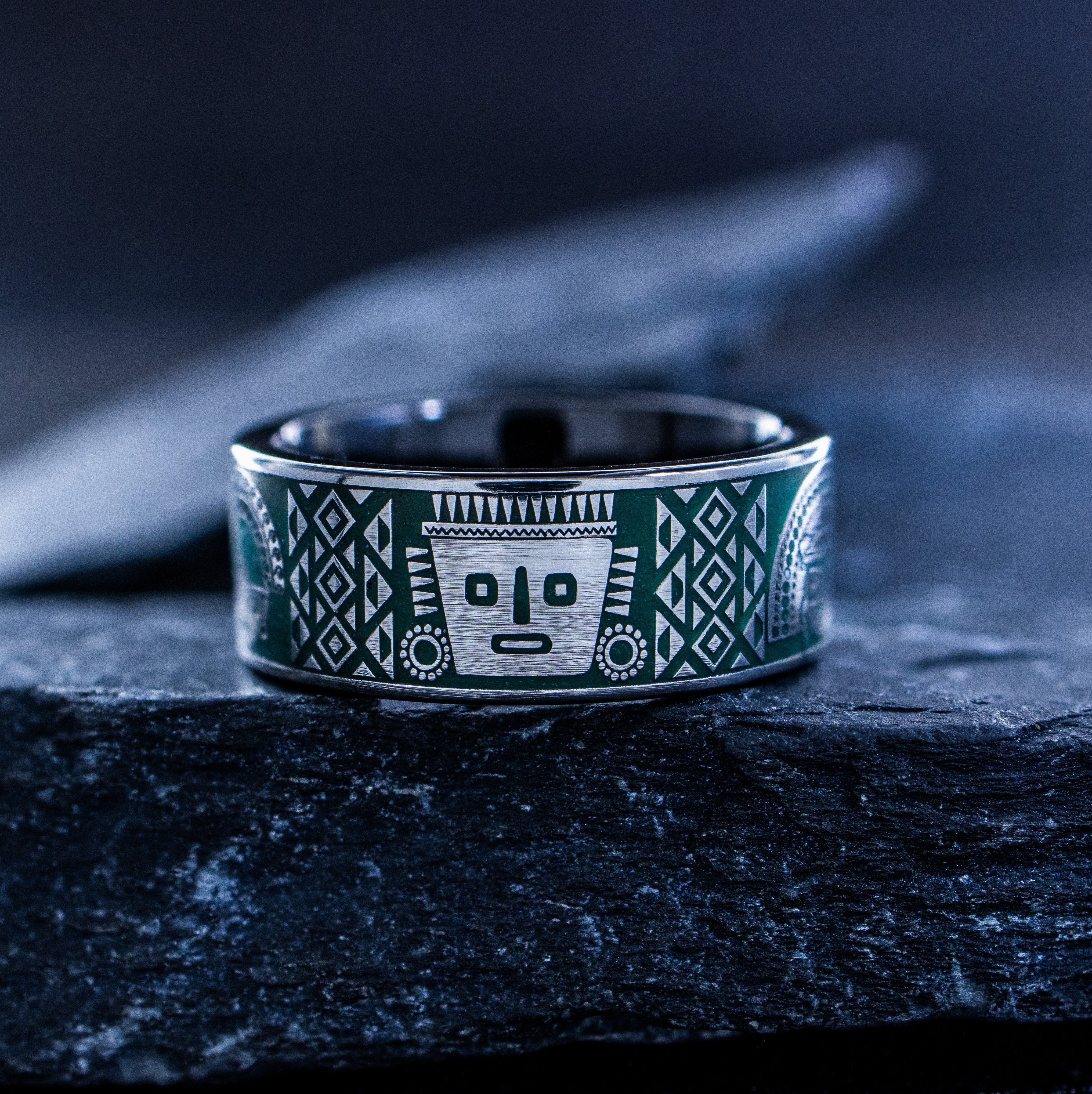 Dark Green Enamel Colombian Ring, 9mm Black Tungsten Carbide Ring