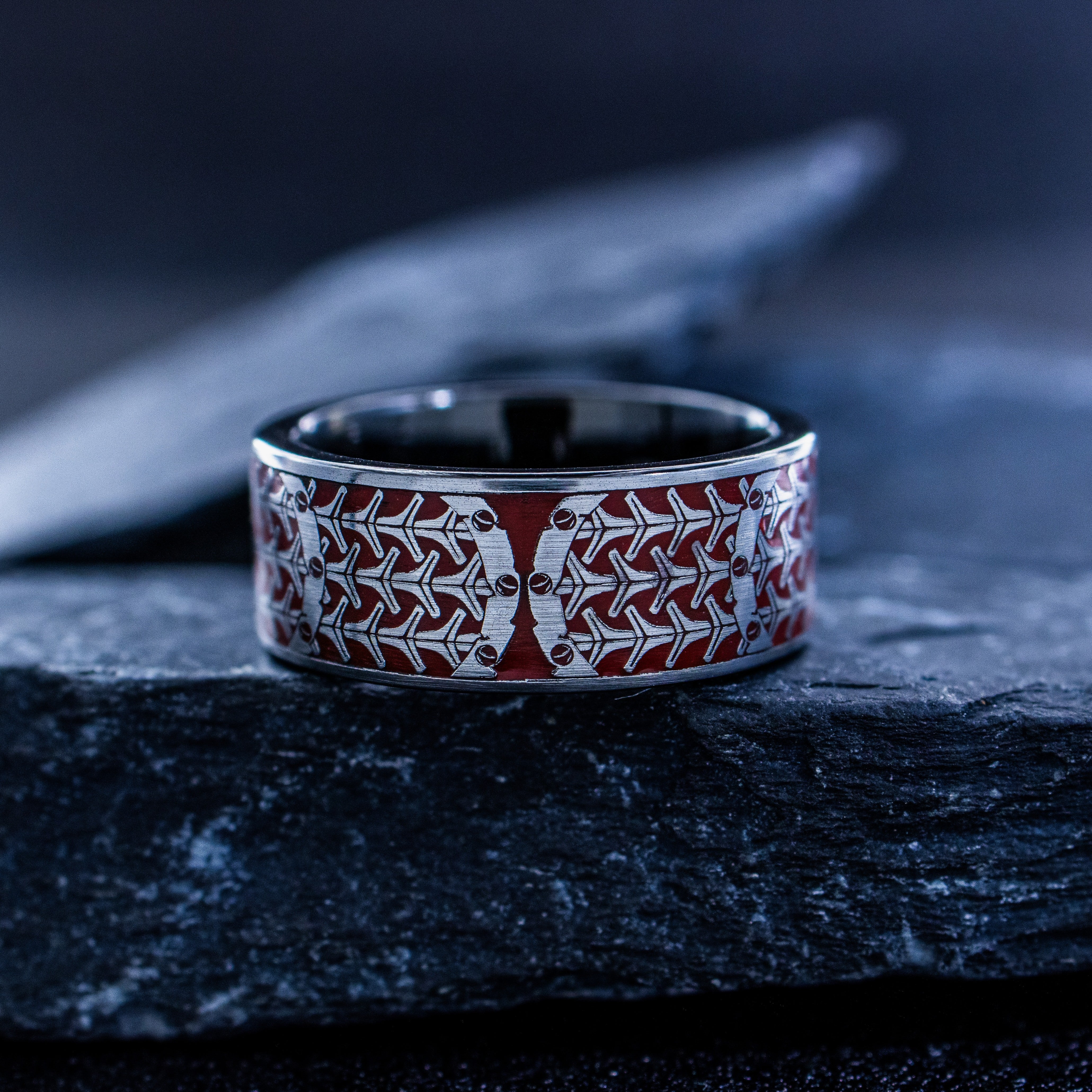 Red Enamel Medieval Wolf and Monogram Ring, 9mm Black Tungsten Carbide Band