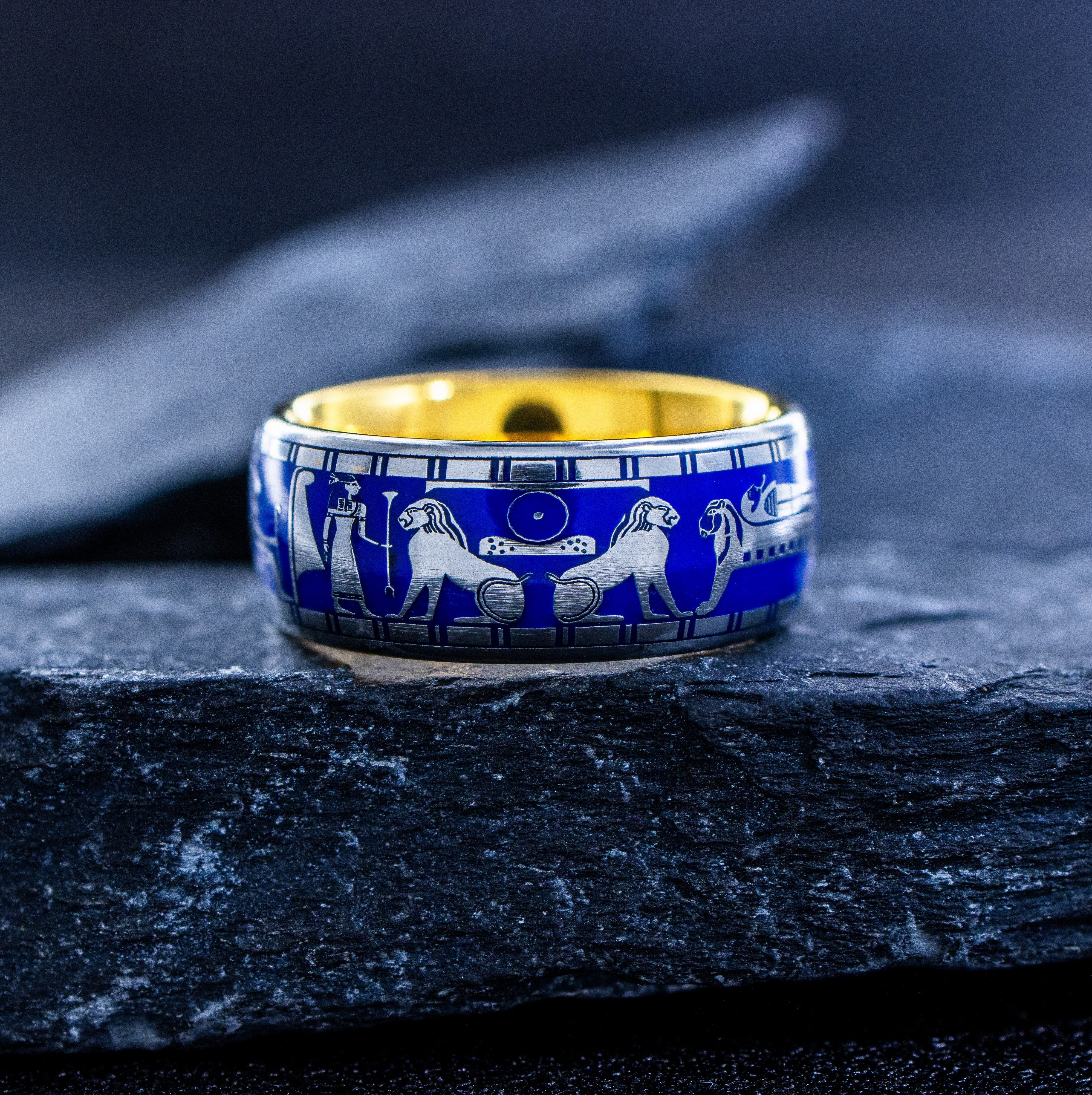 Ancient Egyptian Ring with Blue Enamel, 9mm Gold Plated Tungsten Carbide Band