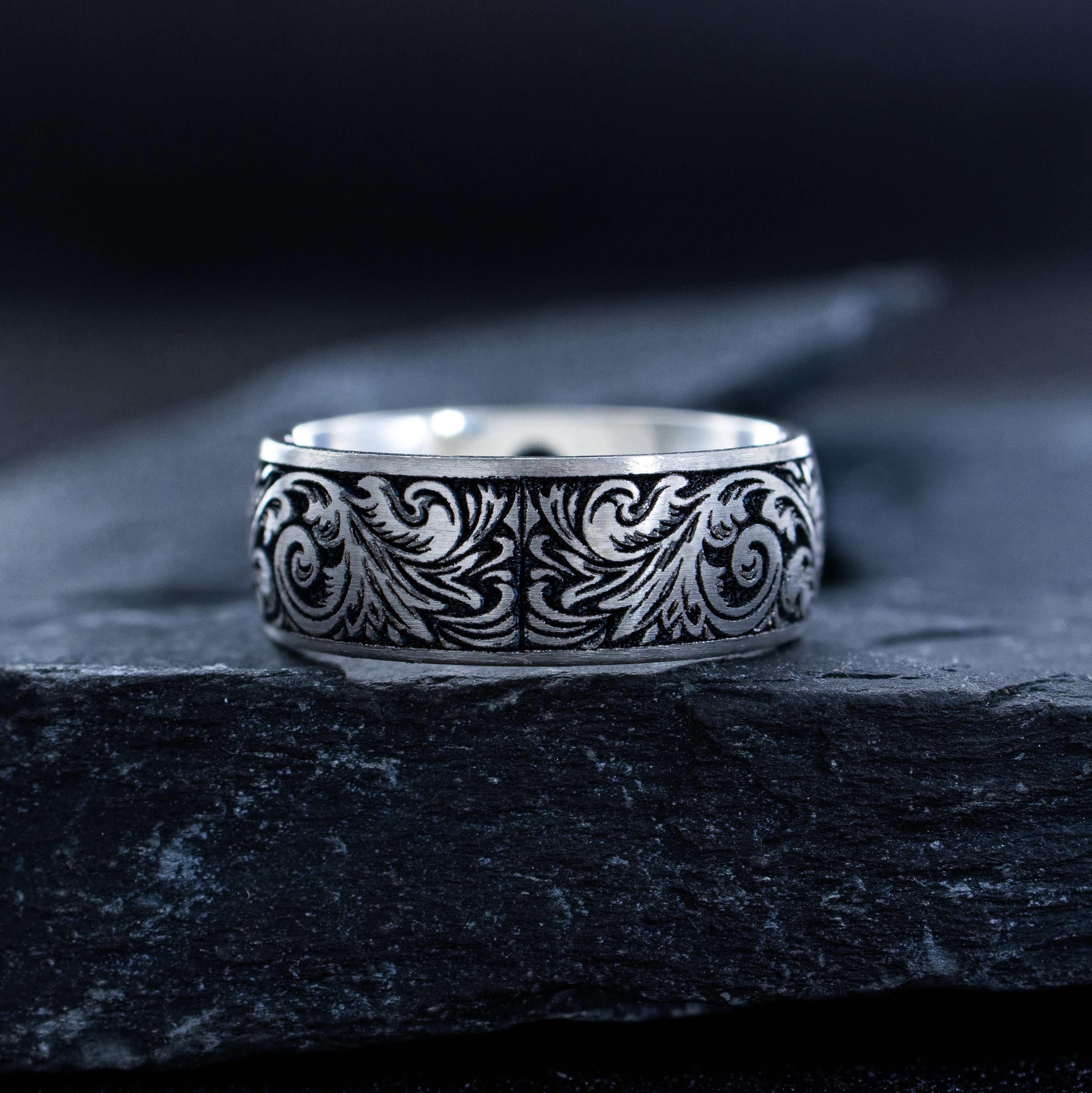 8mm Silver Titanium Band with Deep Engraved Fleur de Lis and Victorian Floral Pattern