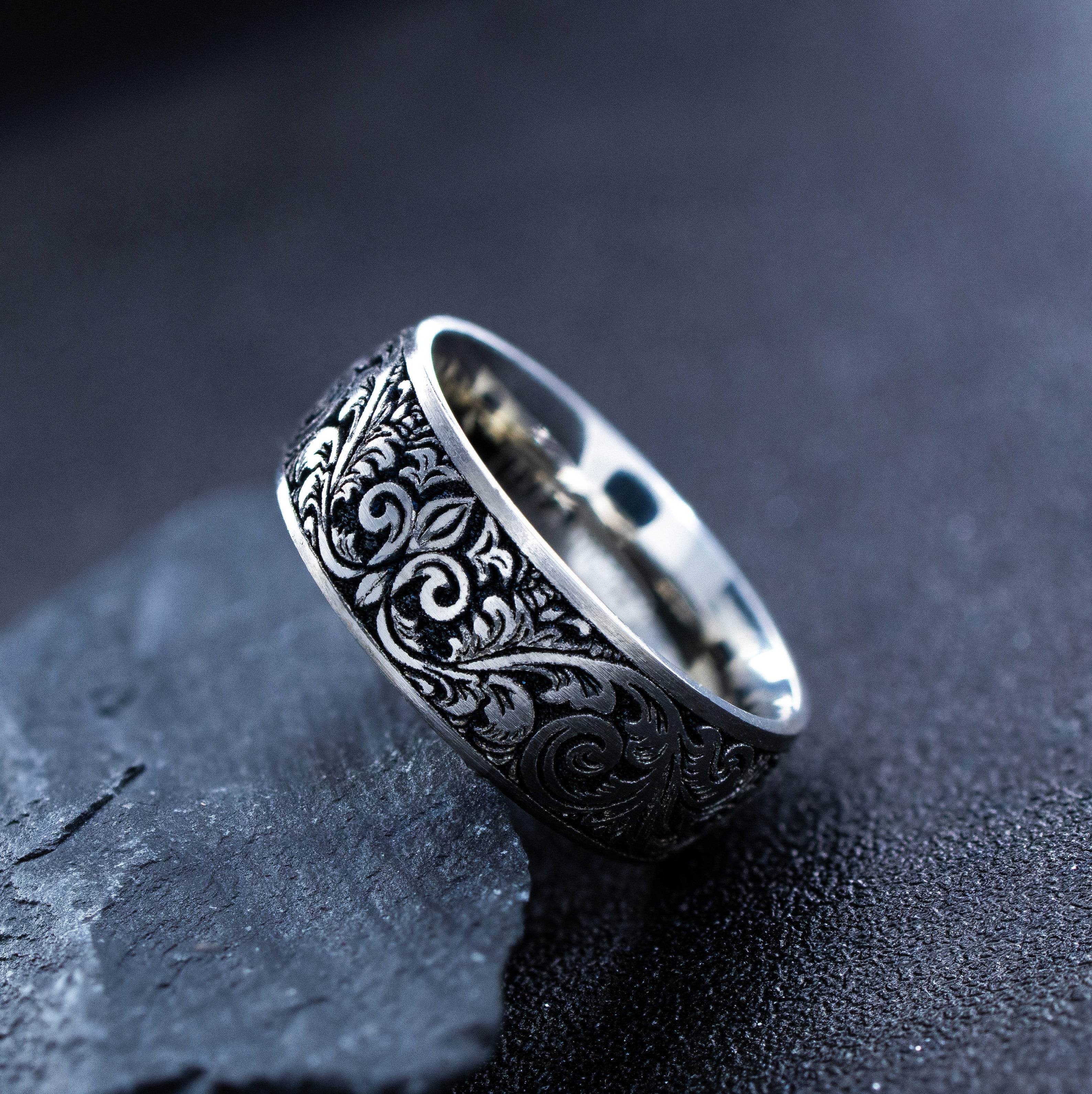 8mm Silver Titanium Band with Deep Engraved Fleur de Lis and Victorian Floral Pattern