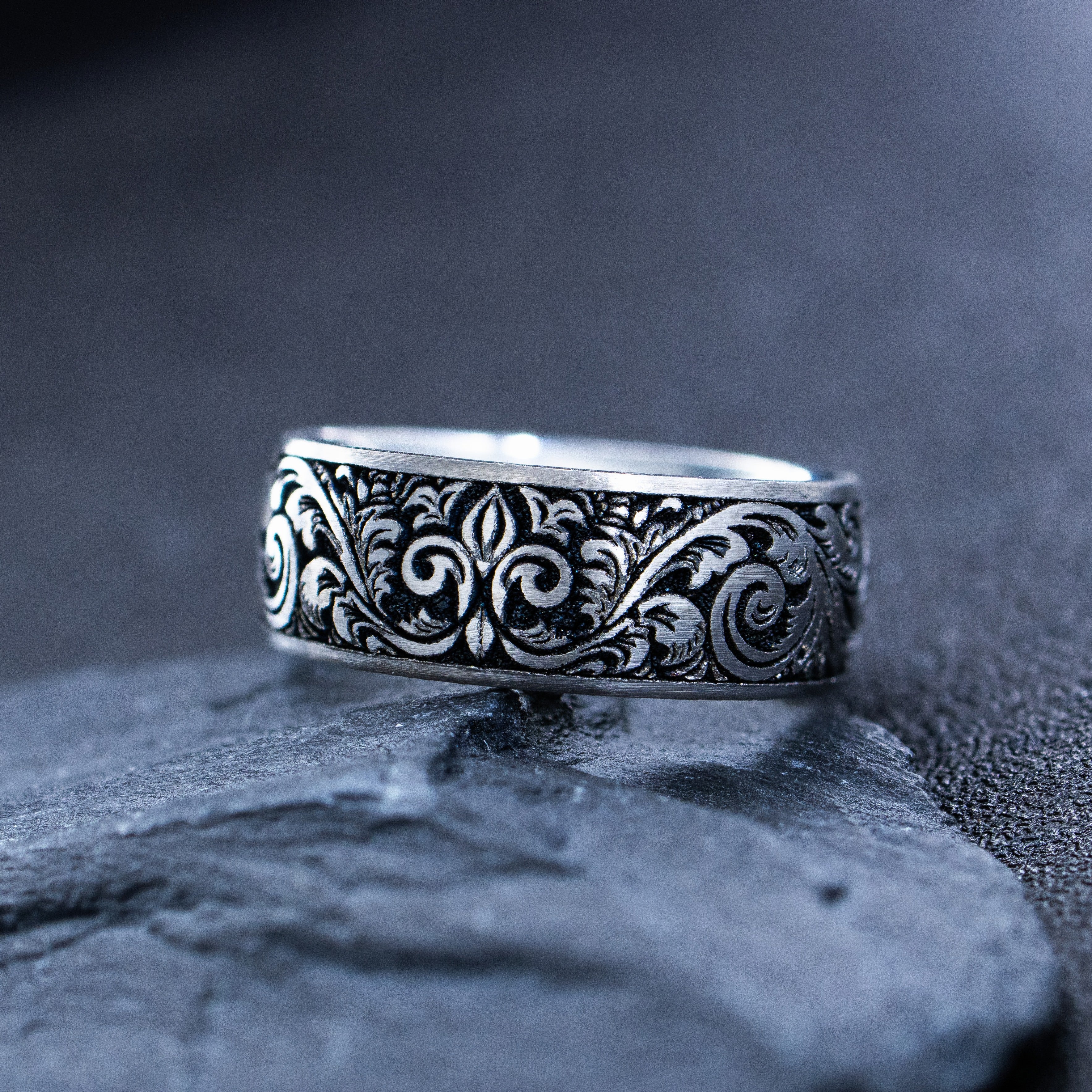 8mm Silver Titanium Band with Deep Engraved Fleur de Lis and Victorian Floral Pattern