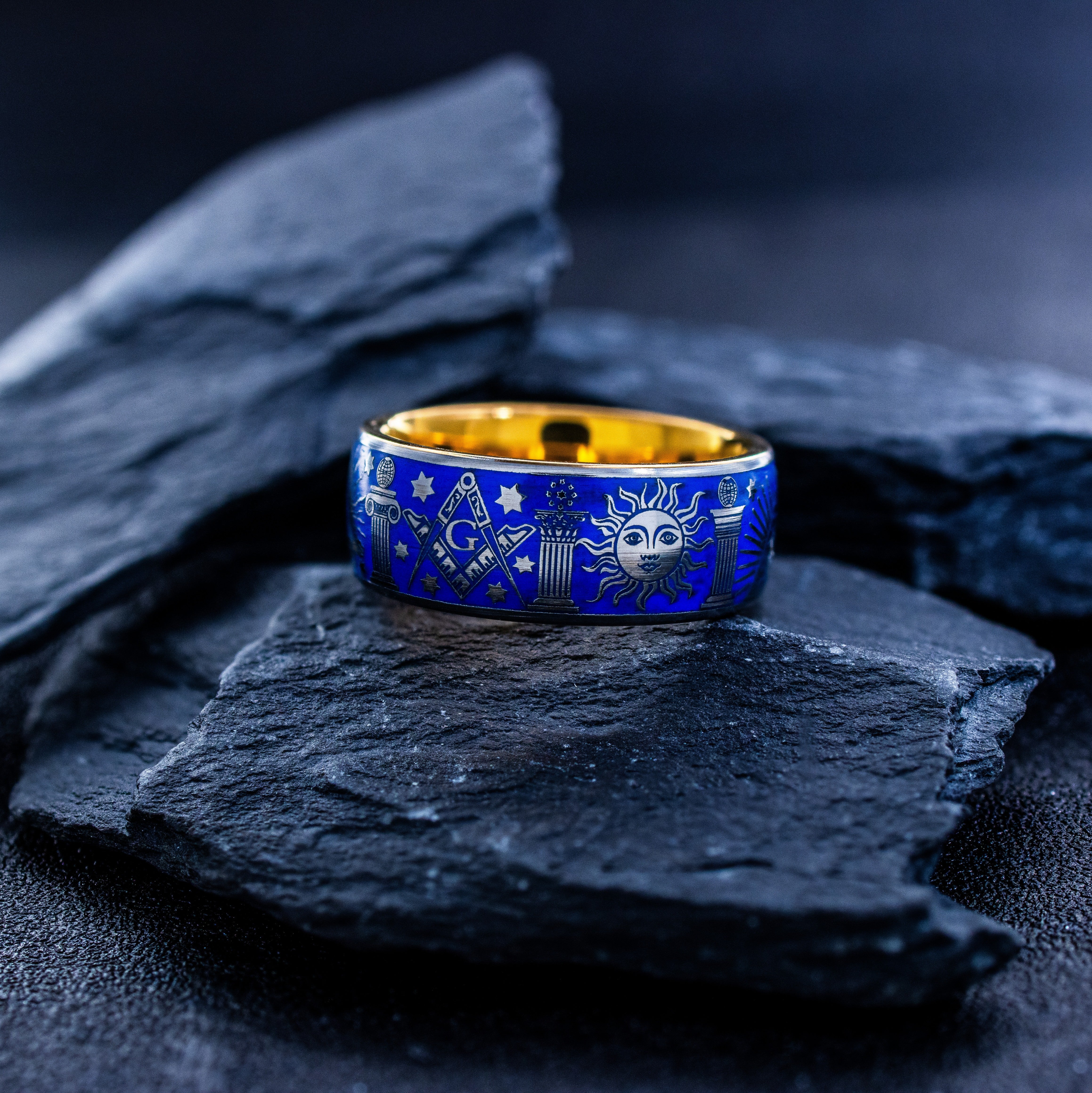 Masonic Theme Gemstone Tungsten Ring with Royal Blue Enamel, 9mm Rose Gold Plated Tungsten Carbide Band