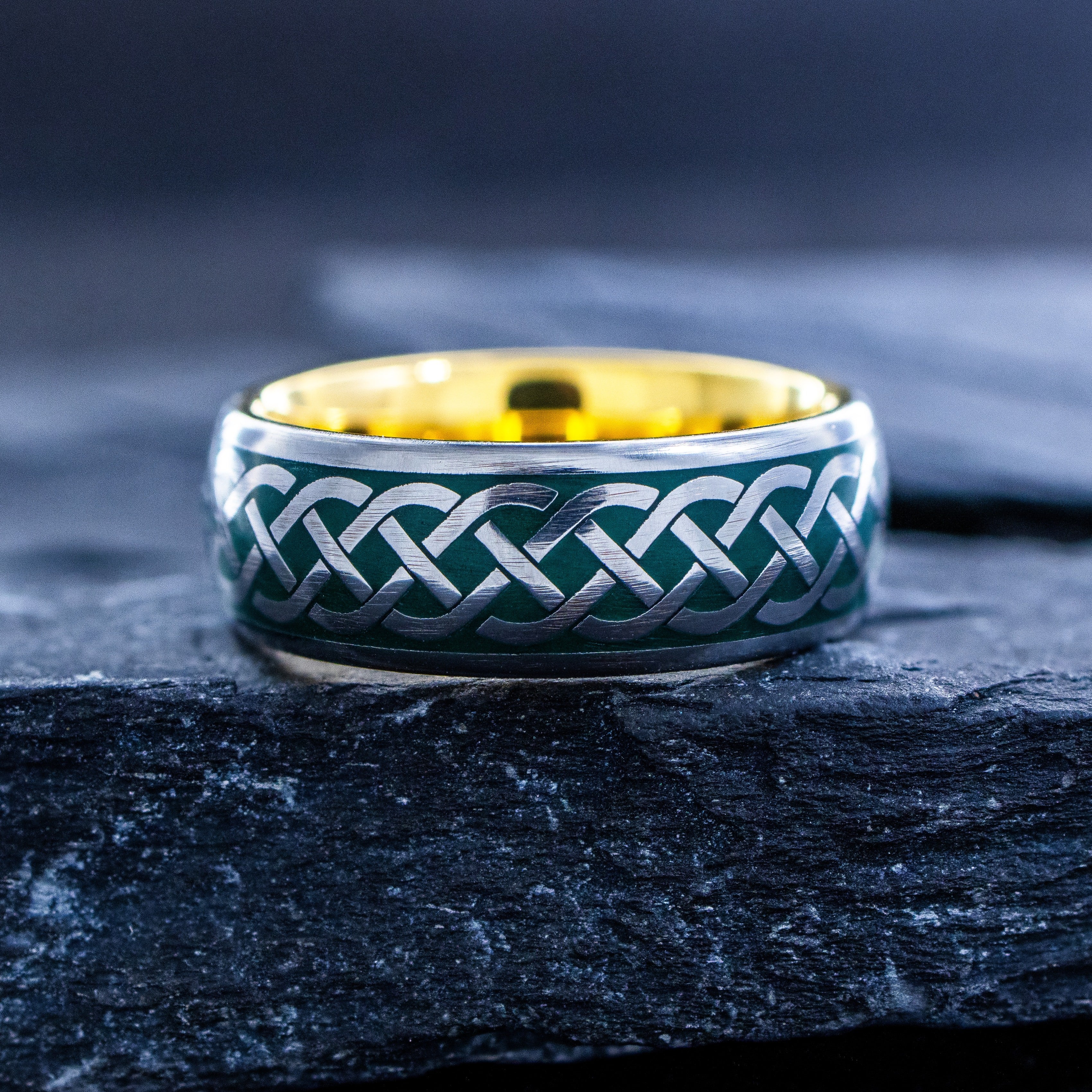 Celtic Knot and Gemstone Tungsten Ring with Dark Green Enamel, 8mm Yellow Gold Plated Tungsten Carbide Band