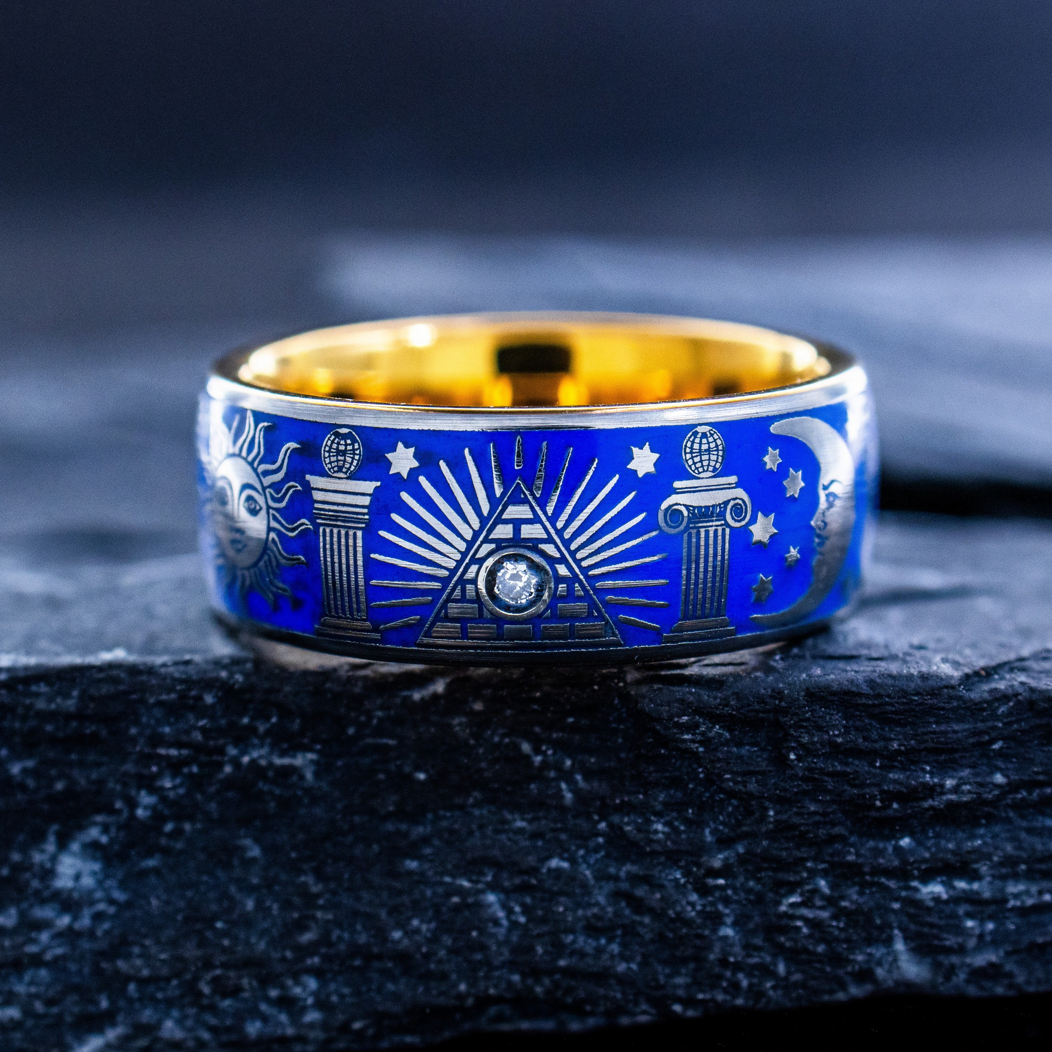 Masonic Theme Gemstone Tungsten Ring with Royal Blue Enamel, 9mm Rose Gold Plated Tungsten Carbide Band