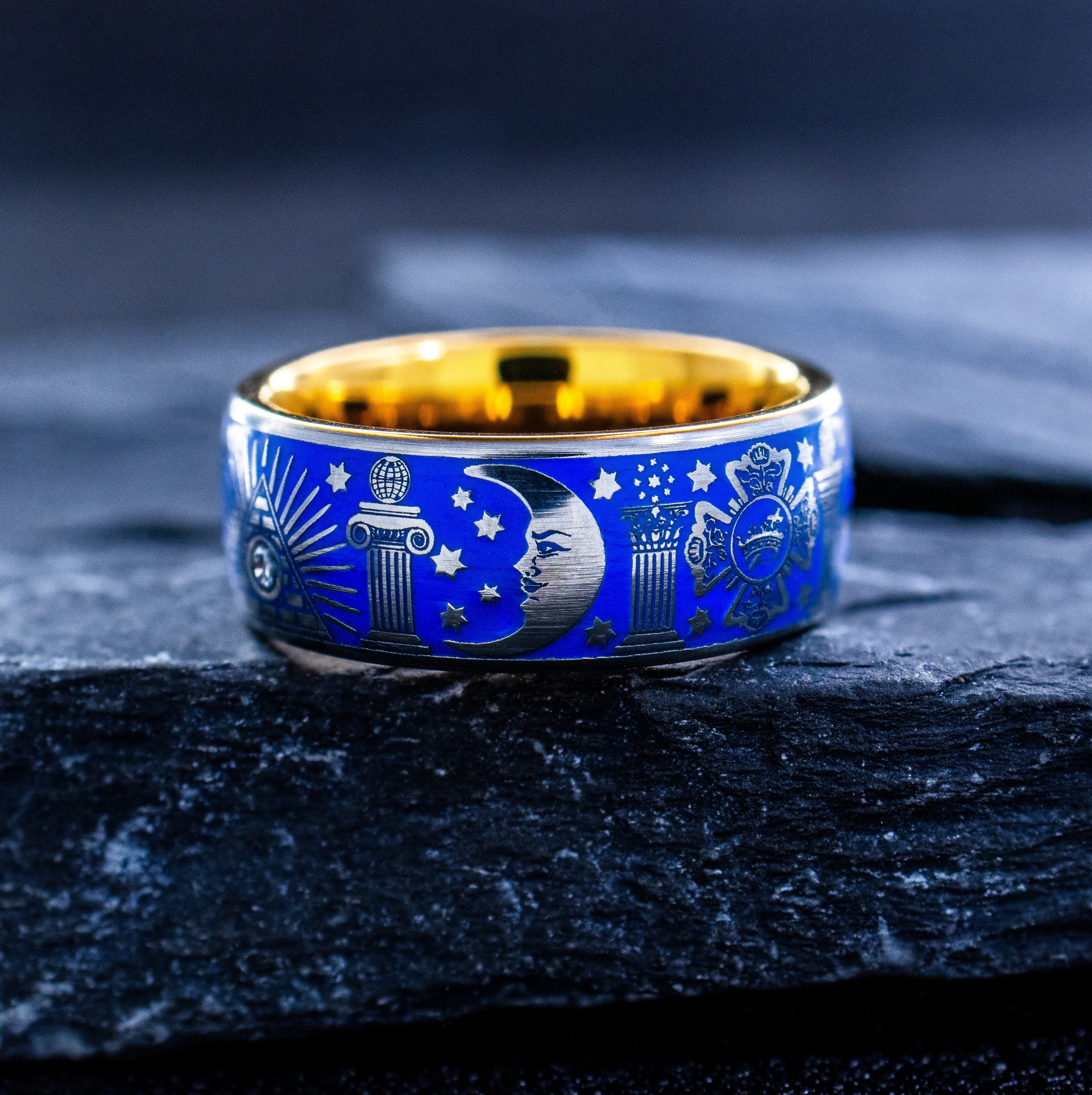 Masonic Theme Gemstone Tungsten Ring with Royal Blue Enamel, 9mm Rose Gold Plated Tungsten Carbide Band