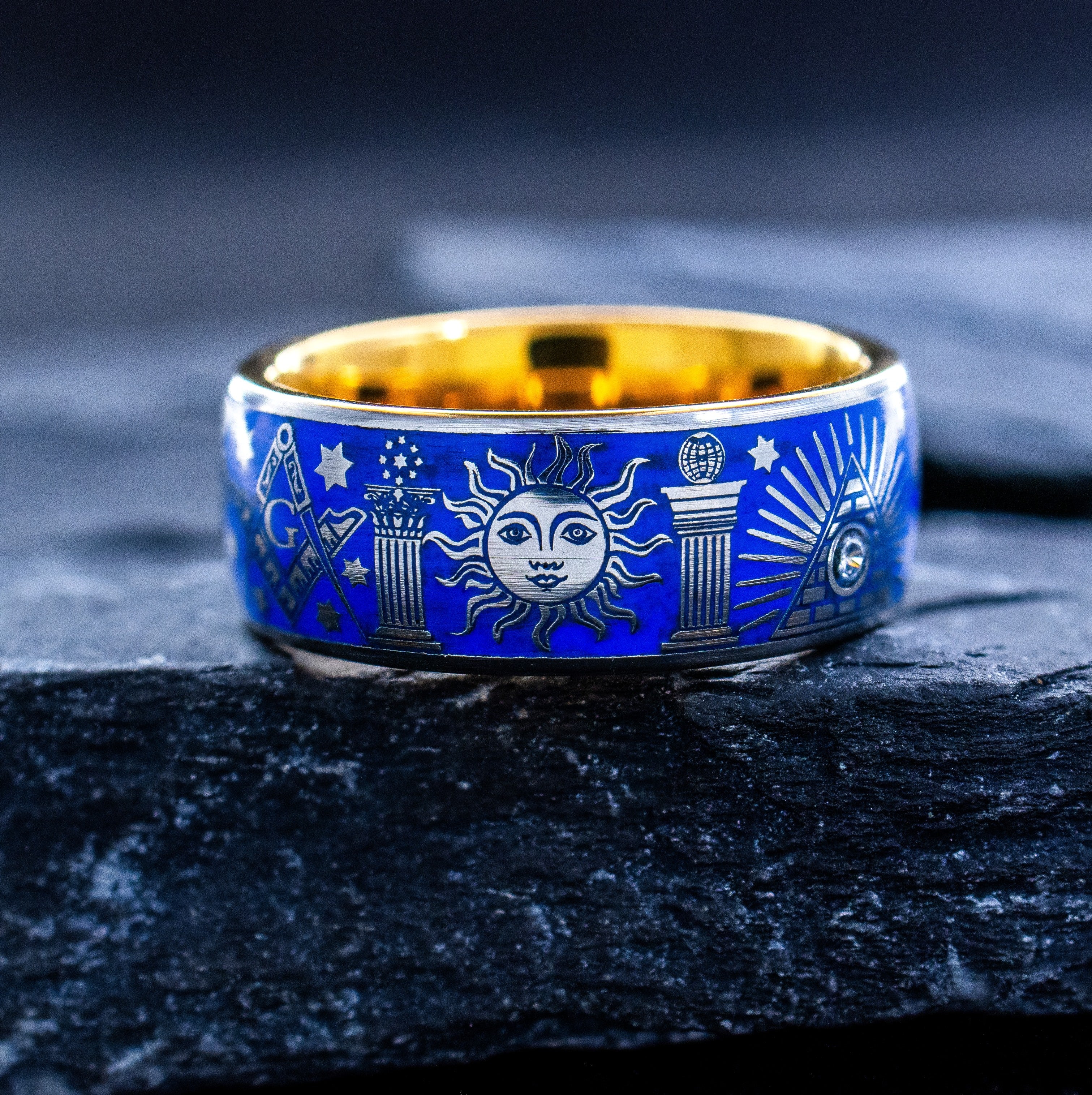 Masonic Theme Gemstone Tungsten Ring with Royal Blue Enamel, 9mm Rose Gold Plated Tungsten Carbide Band