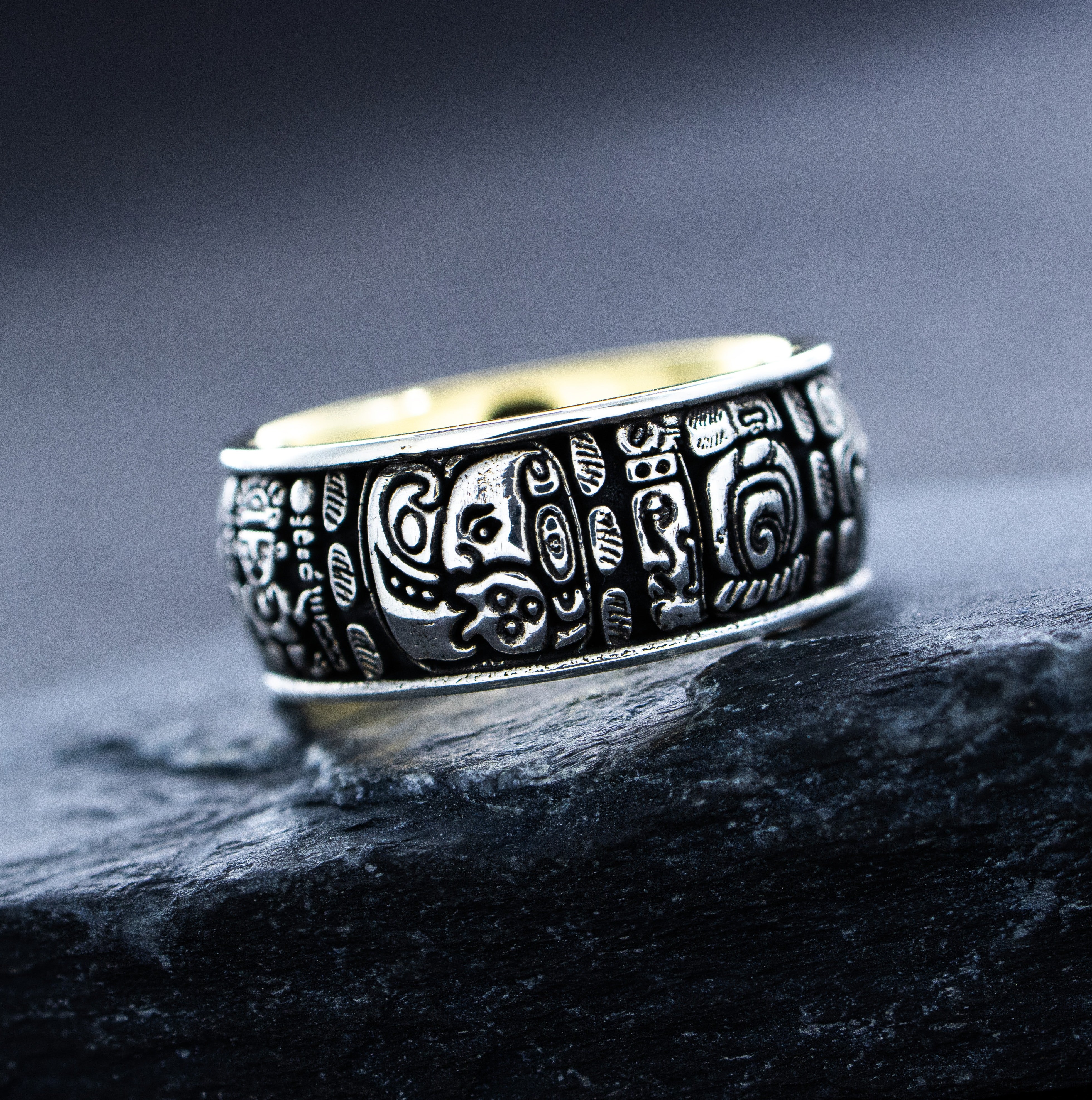8mm, Custom Made Silver Ring with Yellow Gold Plated Interior and Mayan Inspired Symbols