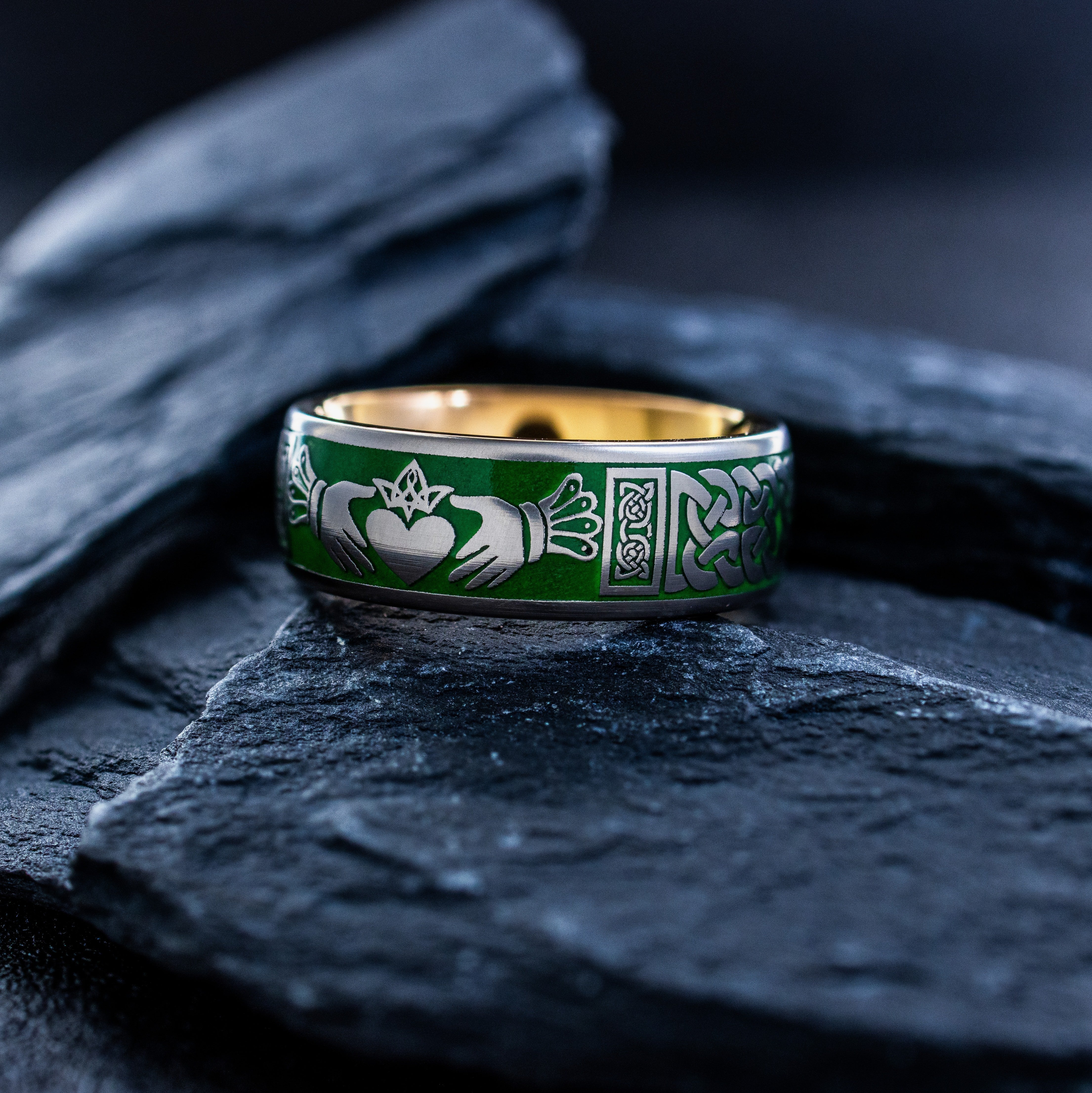 Celtic Knot and Claddagh Tungsten Ring with Green Enamel, 8mm Rose Gold Plated Tungsten Carbide Band
