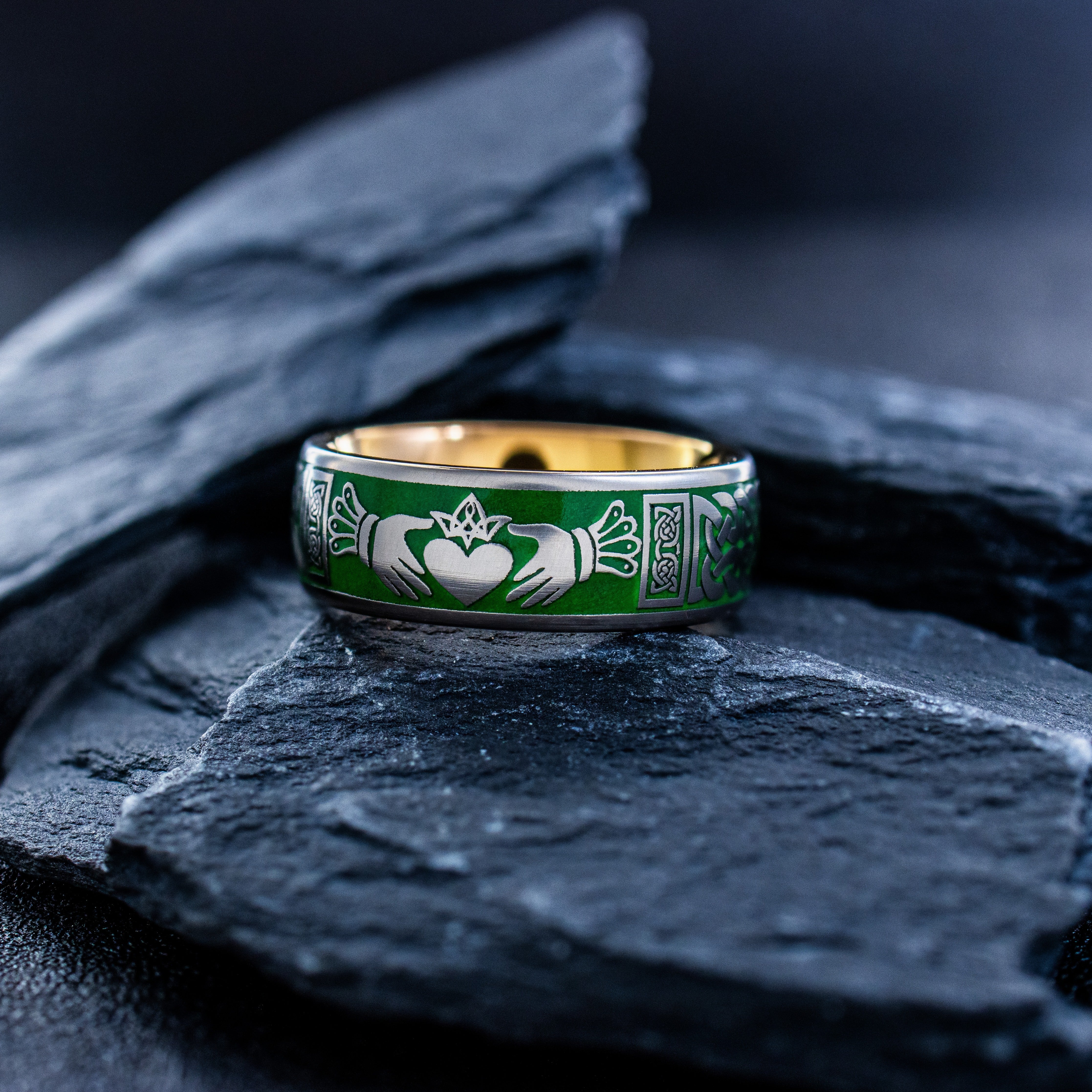 Celtic Knot and Claddagh Tungsten Ring with Green Enamel, 8mm Rose Gold Plated Tungsten Carbide Band
