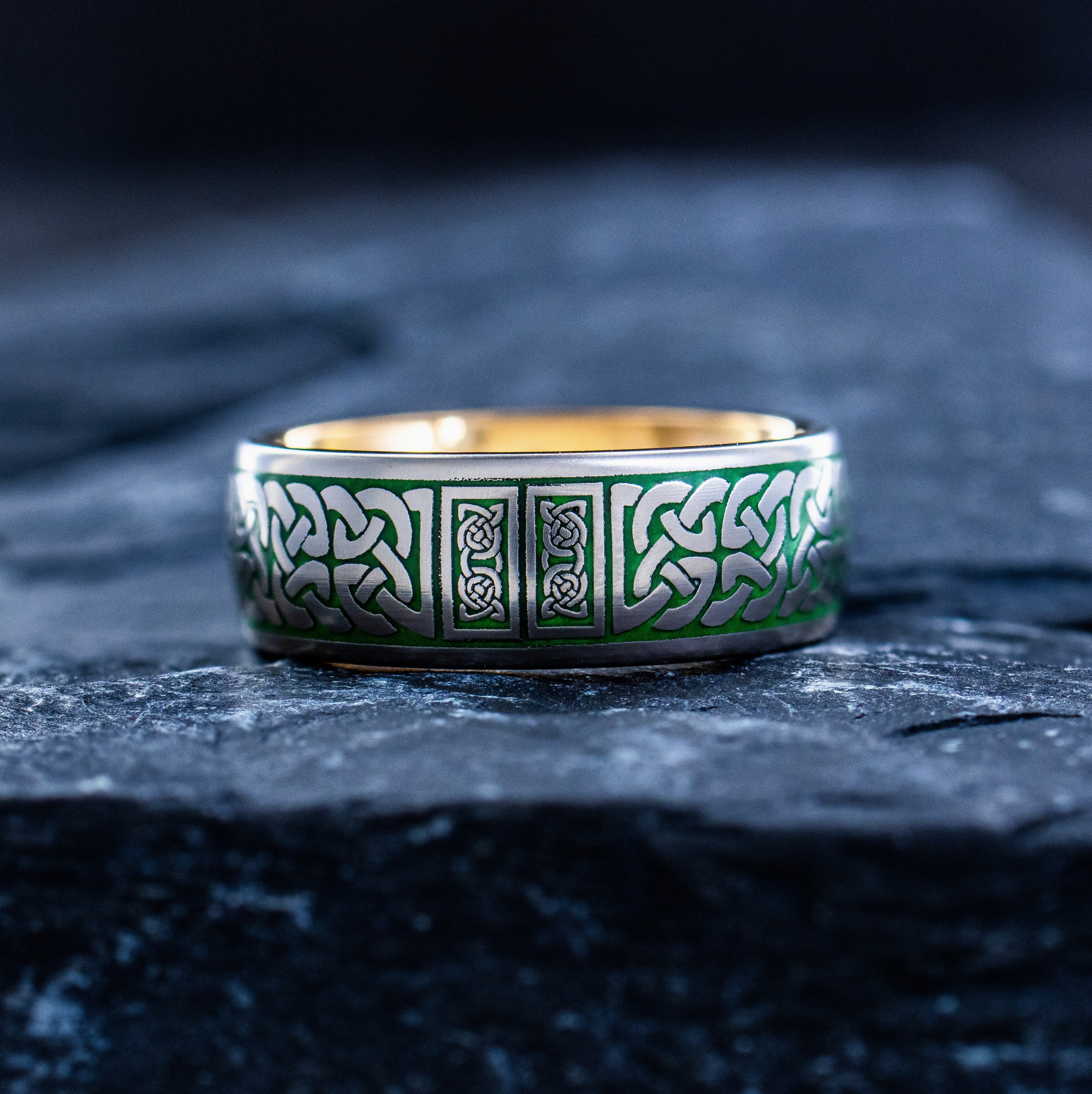 Celtic Knot and Claddagh Tungsten Ring with Green Enamel, 8mm Rose Gold Plated Tungsten Carbide Band