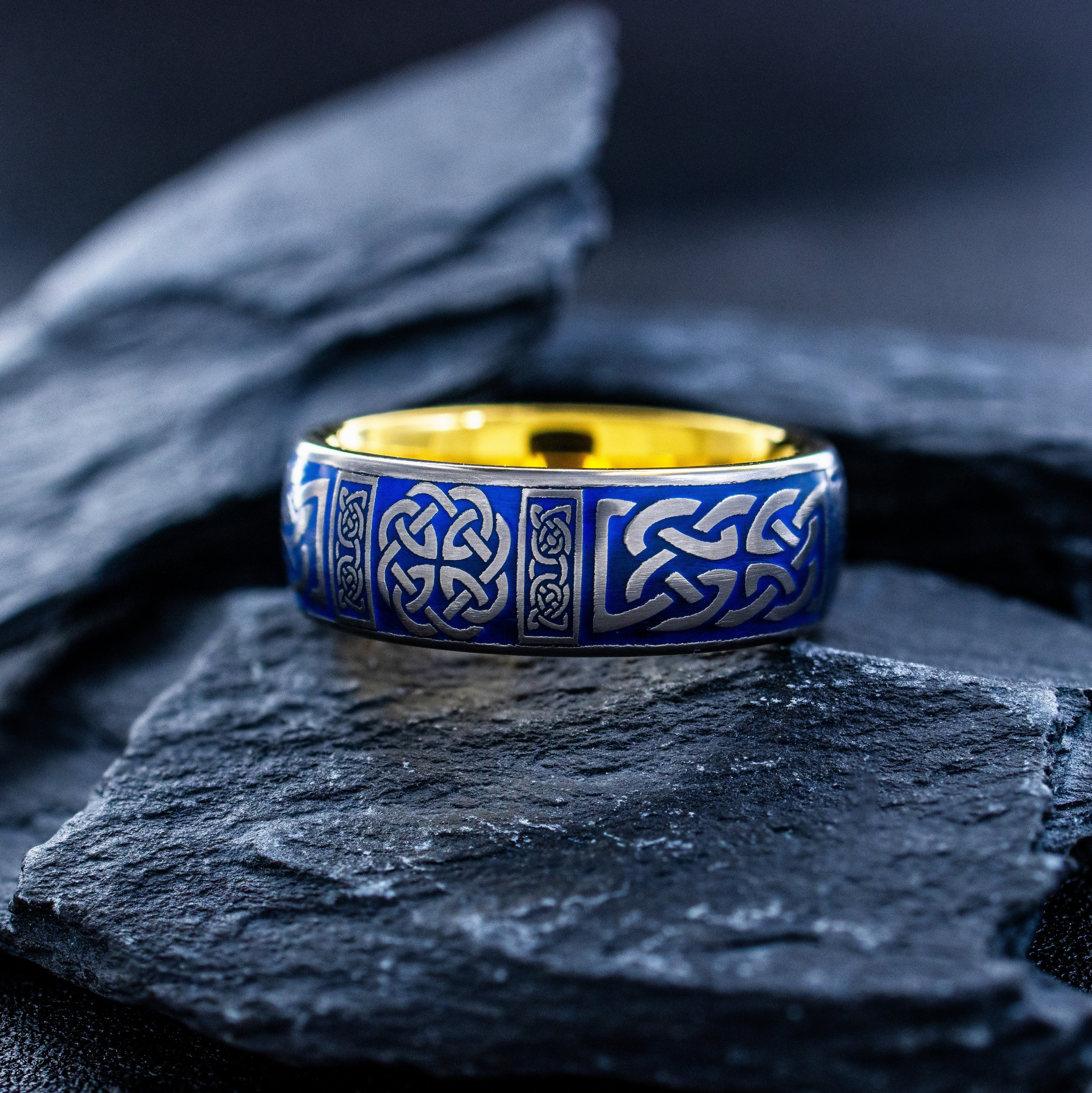Celtic Knot and Cross Tungsten Ring with Sky Blue Enamel, 8mm Yellow Gold Plated Tungsten Carbide Band