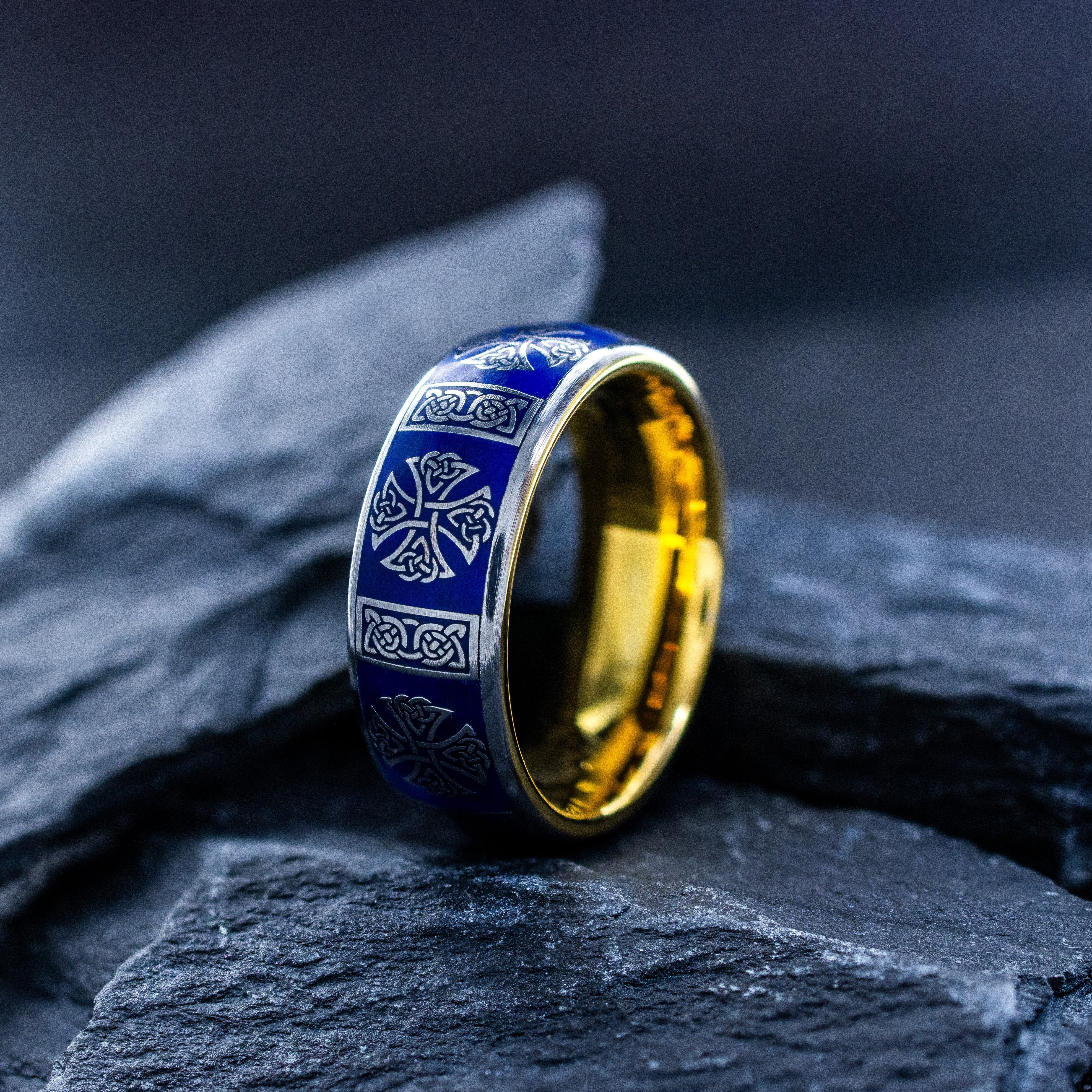 Celtic Cross Tungsten Ring with Royal Blue Enamel, 8mm Yellow Gold Plated Tungsten Carbide Band