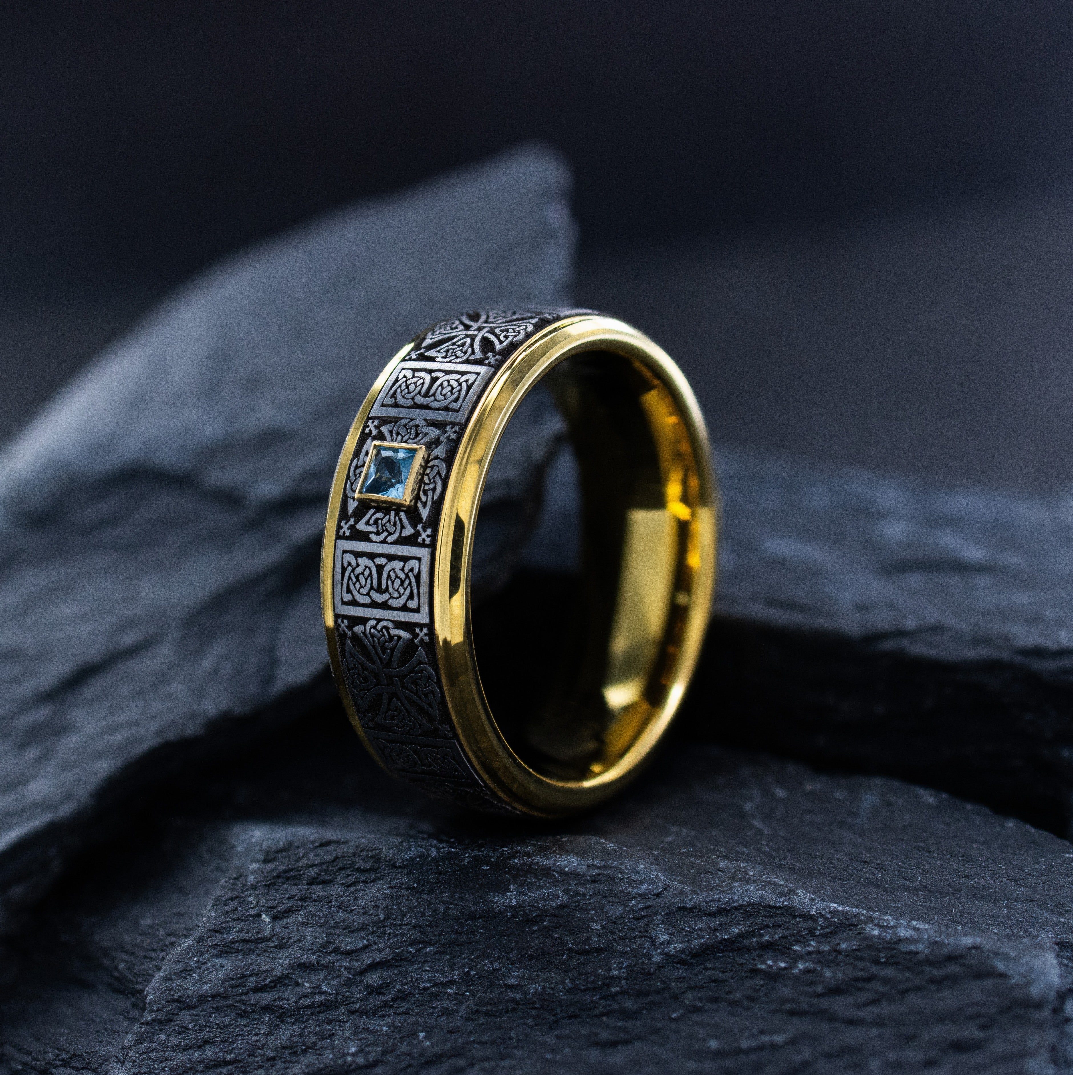 Deep Engraved Tungsten Carbide Ring with Repeating Celtic Crosses and Princess Cut Gemstone
