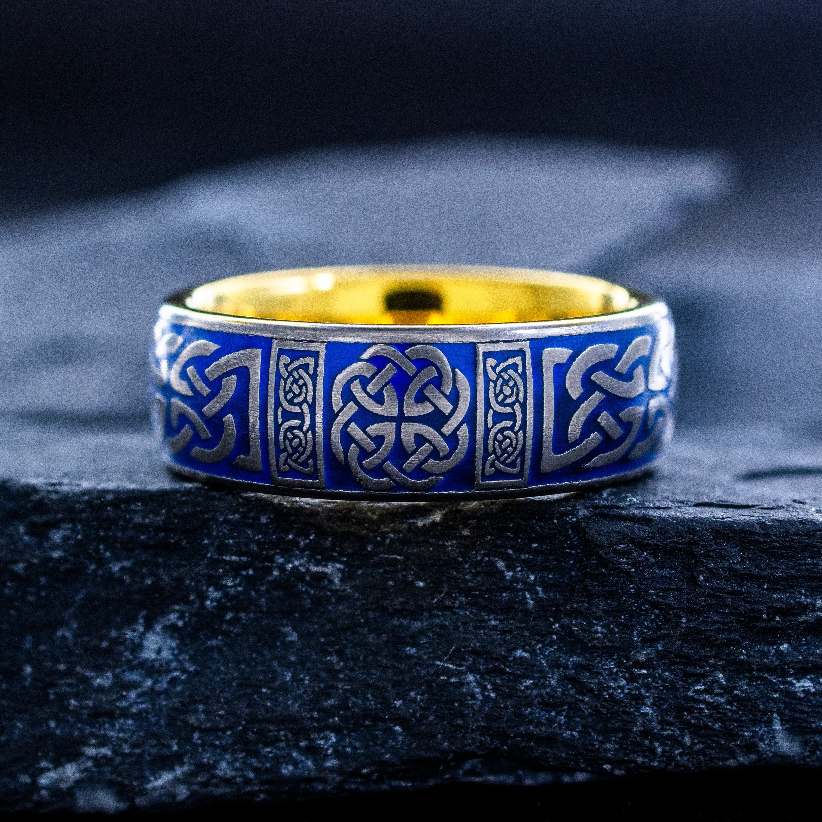 Celtic Knot and Cross Tungsten Ring with Sky Blue Enamel, 8mm Yellow Gold Plated Tungsten Carbide Band