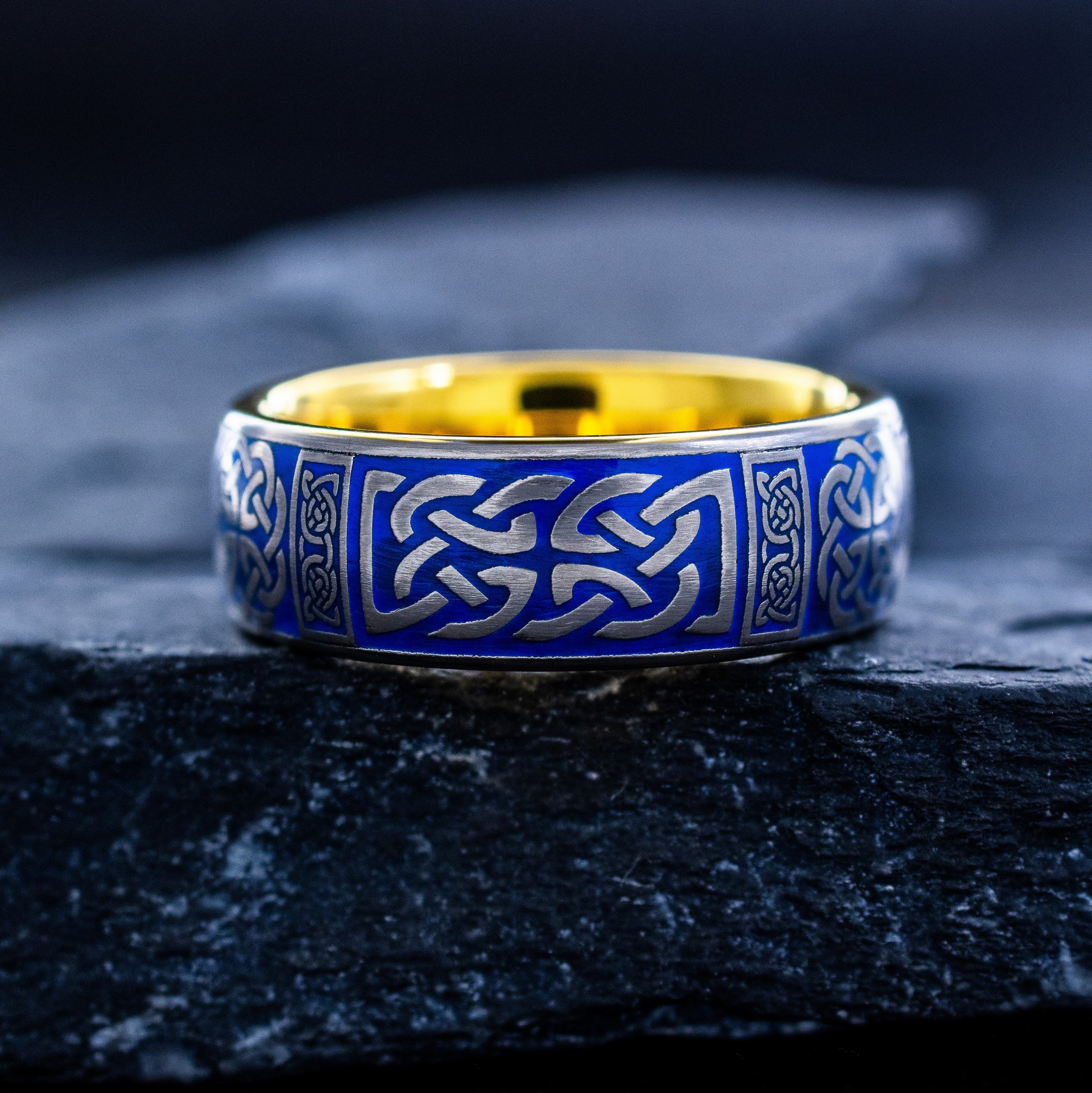 Celtic Knot and Cross Tungsten Ring with Sky Blue Enamel, 8mm Yellow Gold Plated Tungsten Carbide Band