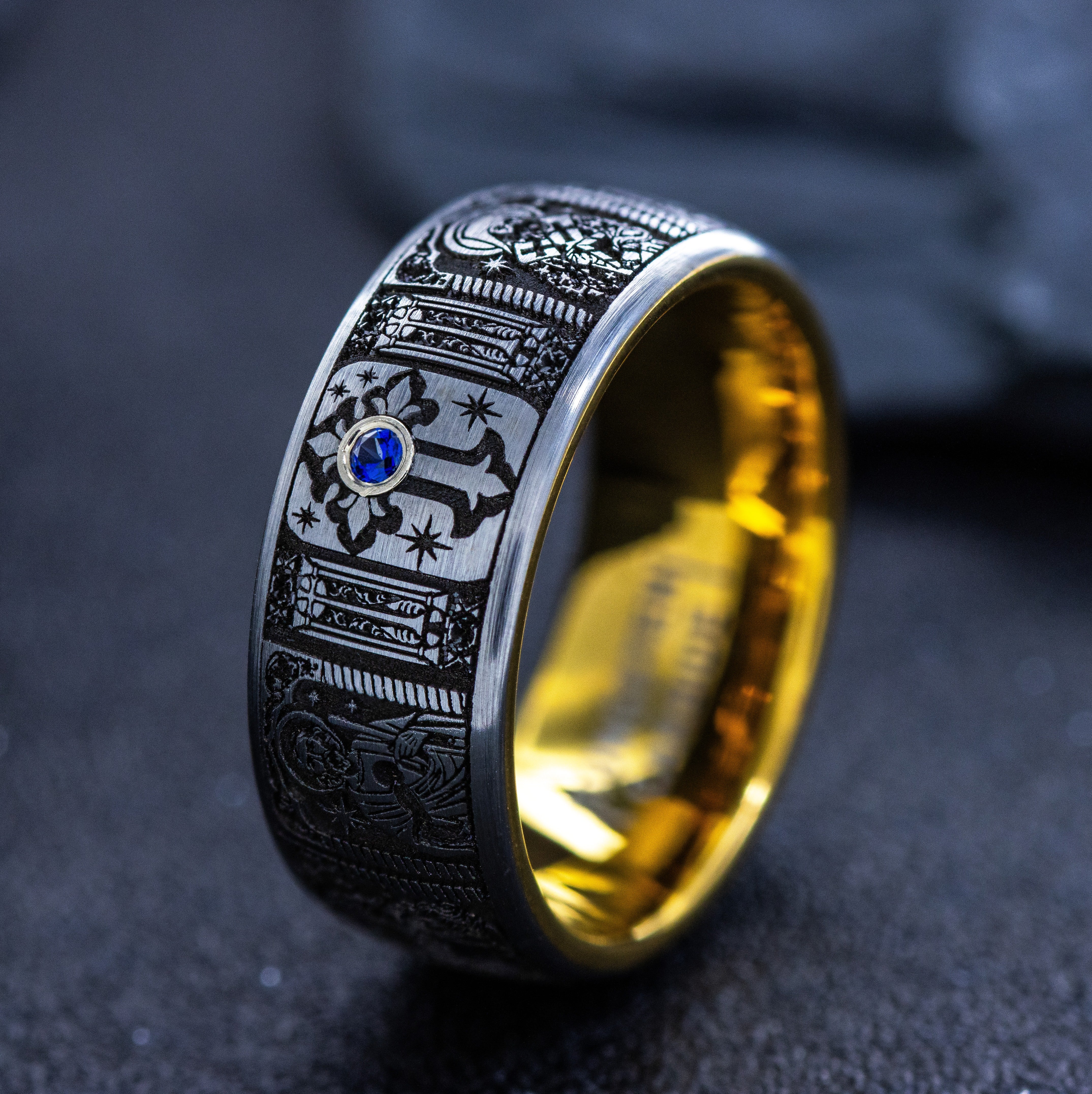 8mm Tungsten Carbide Ring with Yellow Gold Plating, Gemstone and Christian Saints Deep Engraved