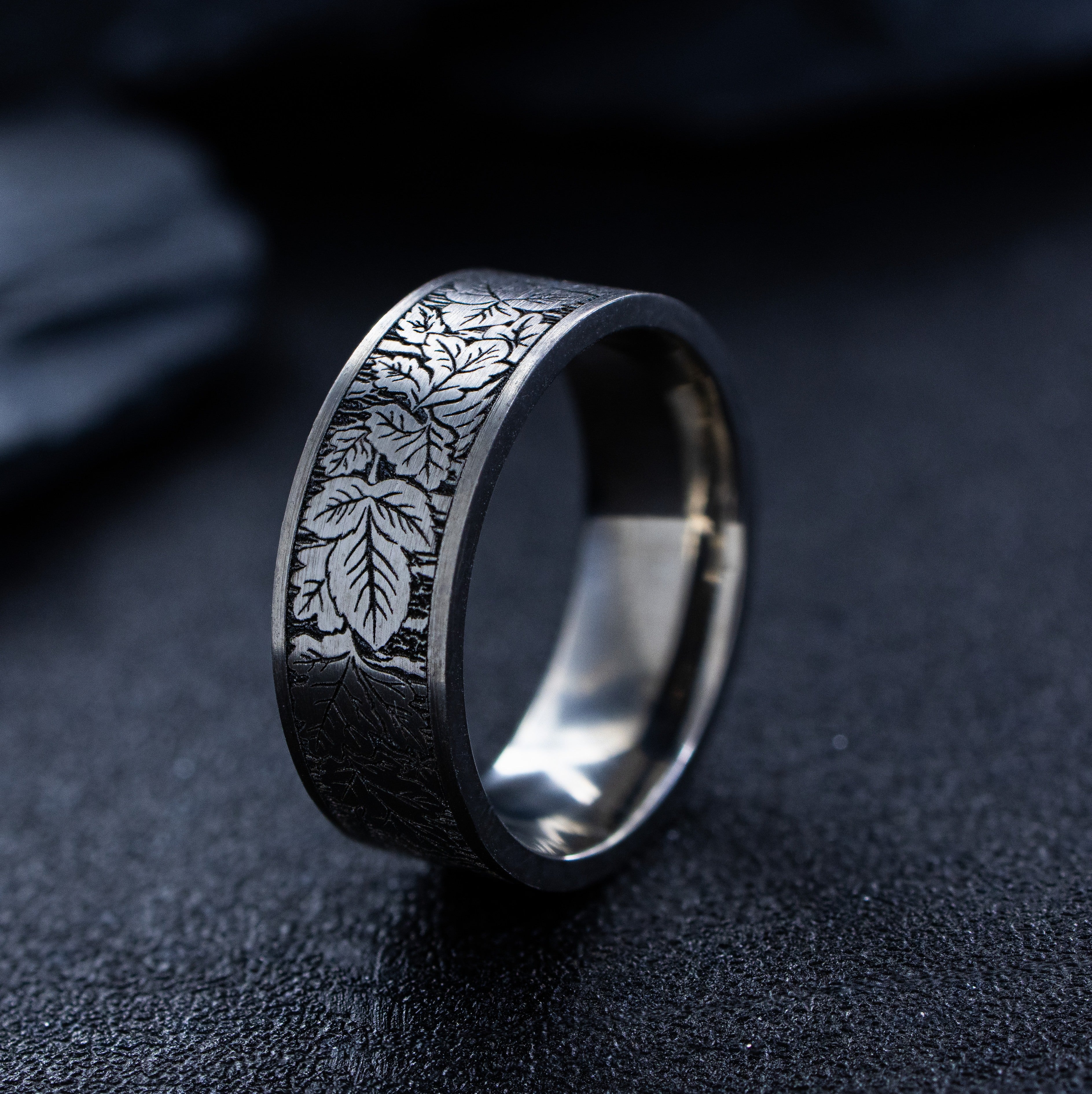 8mm Deep Engraved Titanium Band with Leaves and Branches