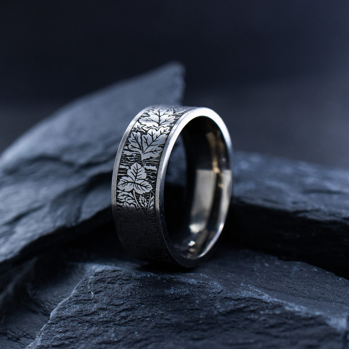 8mm Deep Engraved Titanium Band with Leaves and Branches